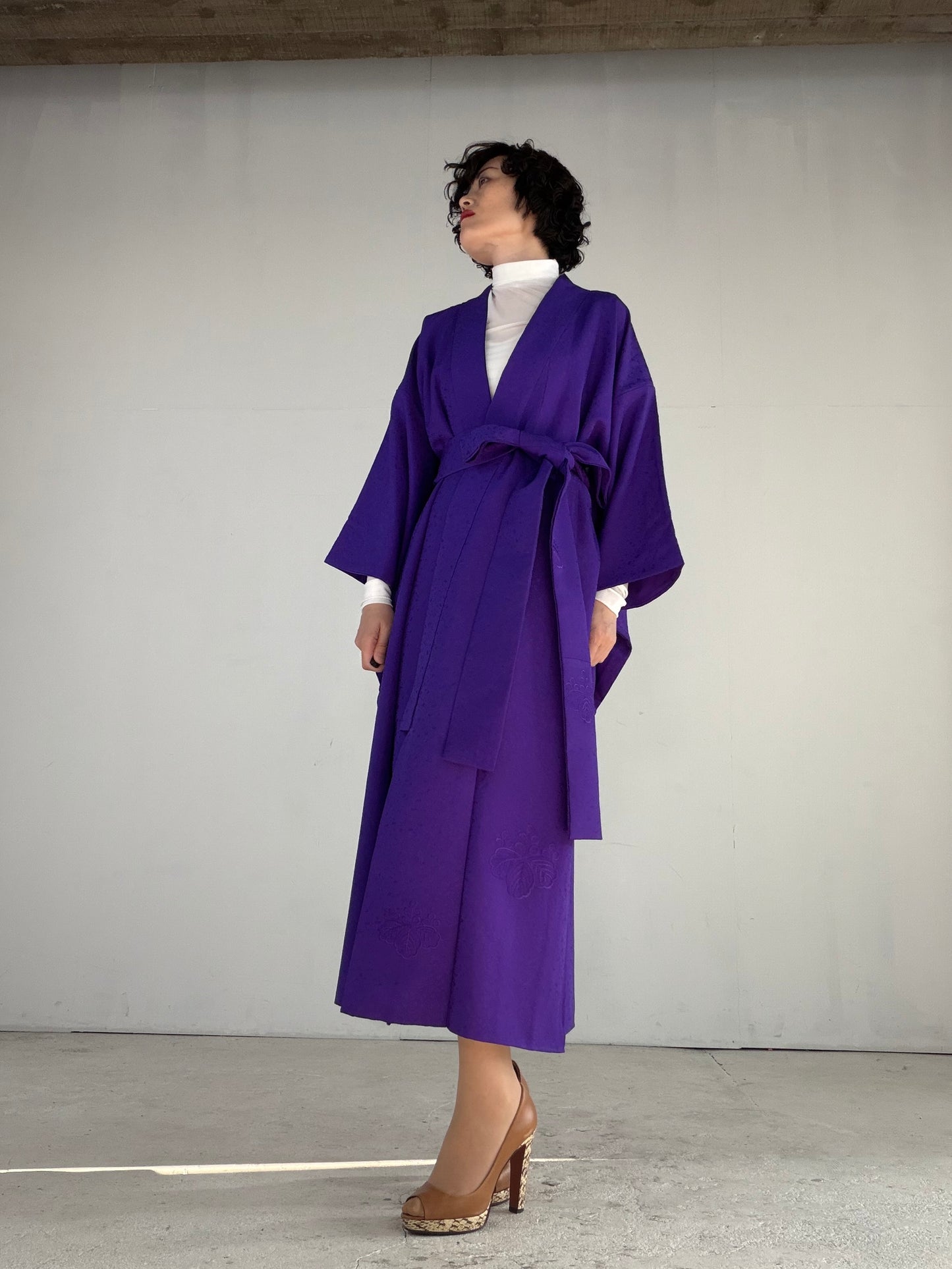 Houmongi Kimono Dress Gown with String Belt – Upcycled from Vintage Japanese Kimono "murasaki, DRE031"