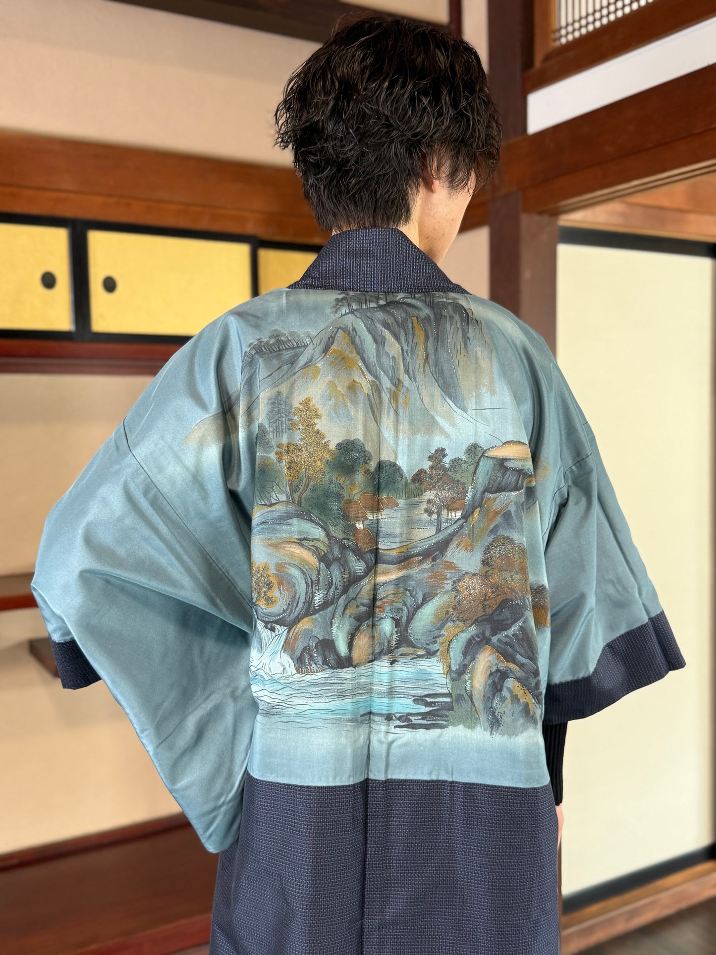 Oshima Tsumugi HAORI  and KIMONO elastic waist pants upcycled from Japanese kimono"keshiki, blue"version 2 shoshi ari