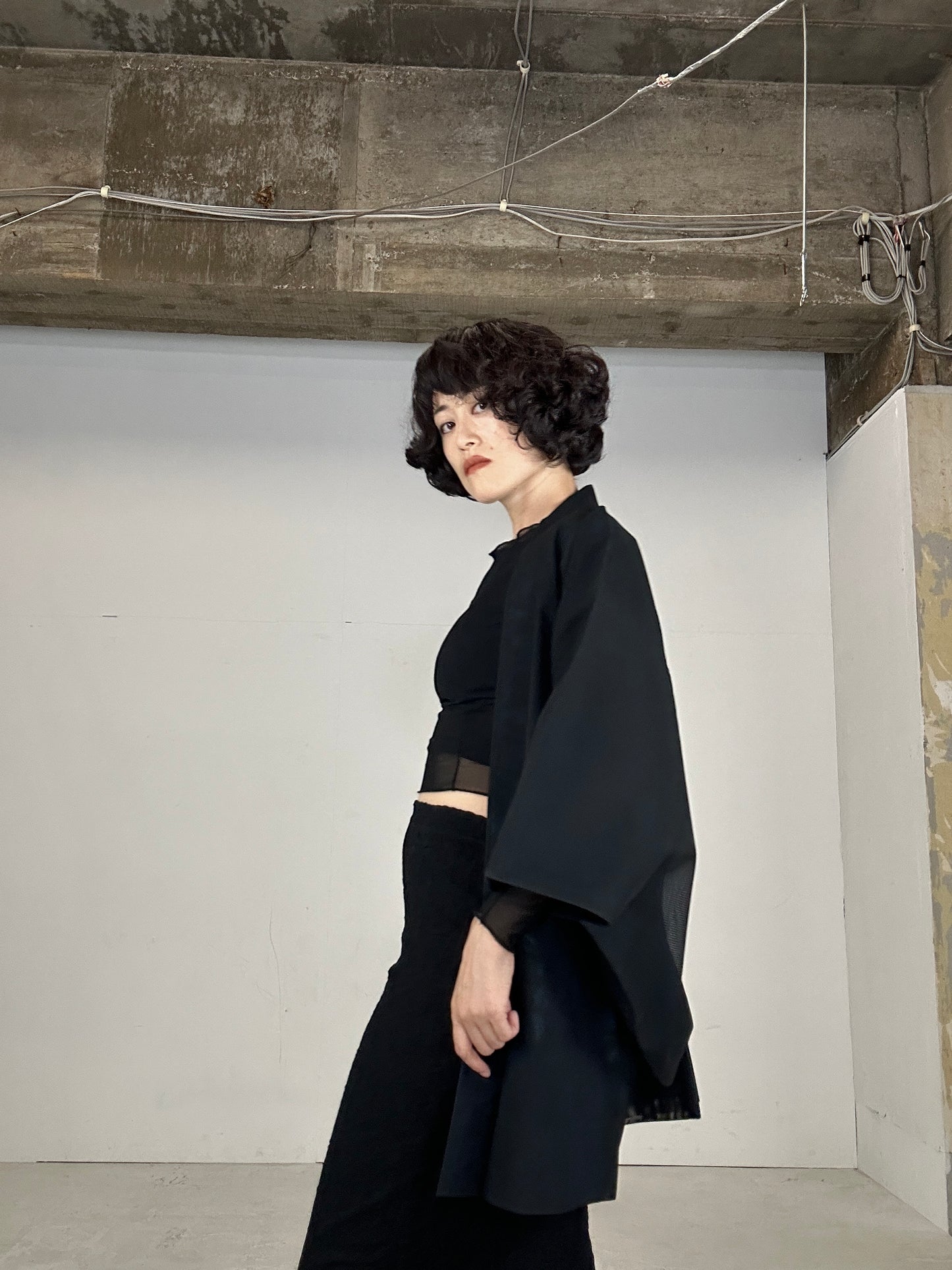 VINTAGE BLACK  HAORI SHEER “ao kusabana"