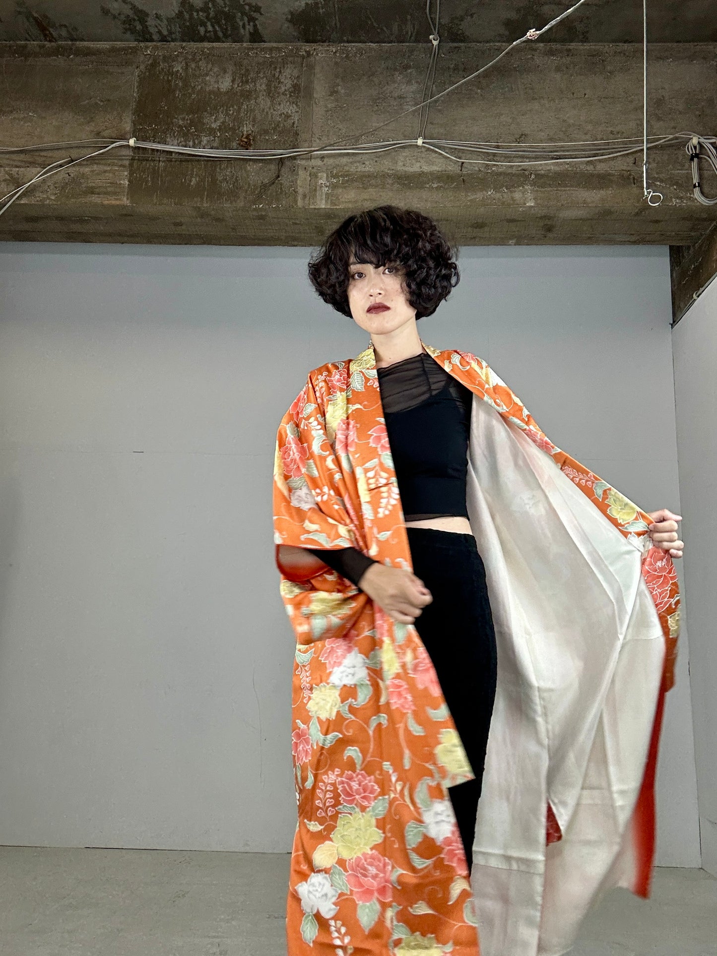 Kimono dress gown and string belt upcycled from Japanese kimono "komon youbana"