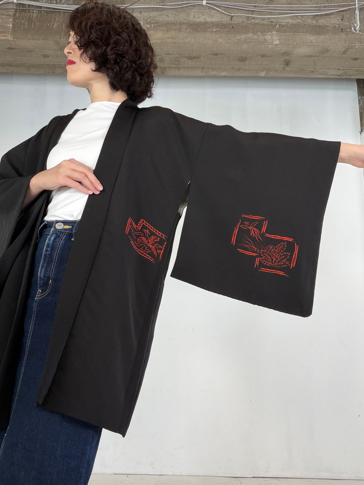 VINTAGE BLACK HAORI  "deer, rabbit, BLK206"