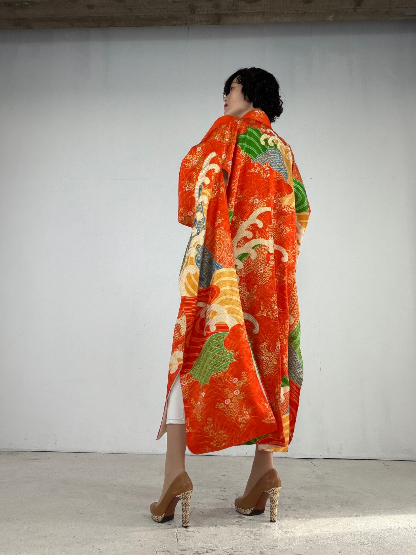 Furisode Kimono Dress Gown with String Belt – Upcycled from Vintage Japanese Kimono "orange, nami, DRE021"