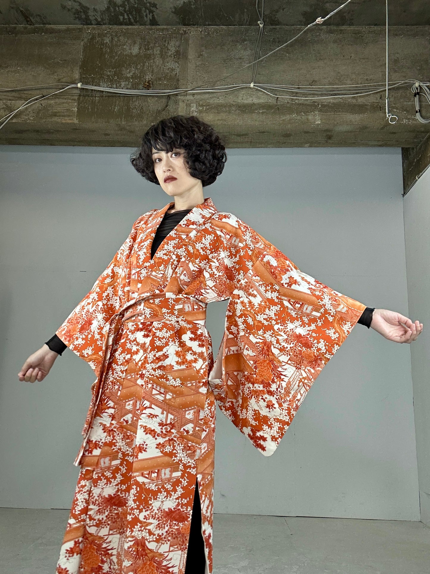 Kimono dress gown and string belt upcycled from Japanese kimono "komon orange shikikusabana"