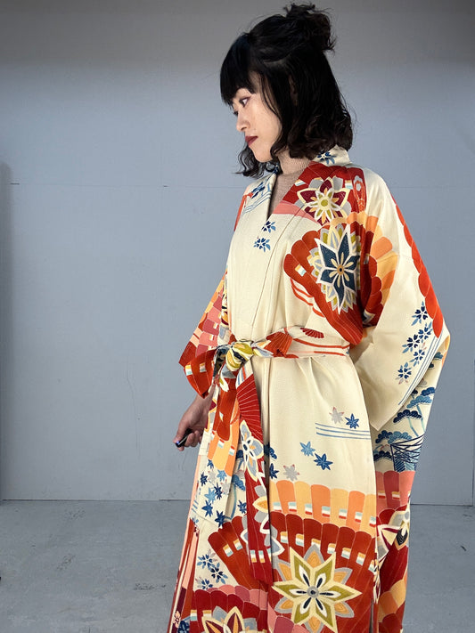 Furisode Kimono dress gown and string belt upcycled from Japanese kimono "furisode aka"