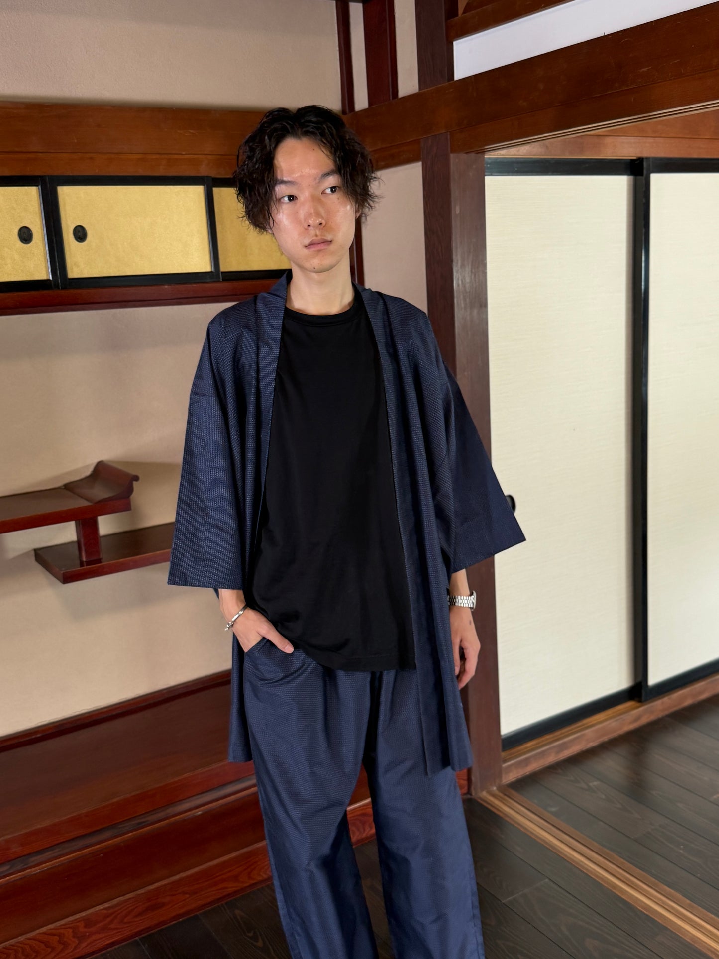 Oshima Tsumugi HAORI  and KIMONO elastic waist pants upcycled from Japanese kimono"taka"version 2