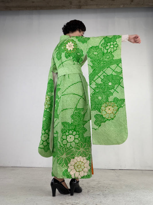 Furisode Kimono Dress Gown with String Belt – Upcycled from Vintage Japanese Kimono "shibori, green, kinkoma, DRE025"-LONG