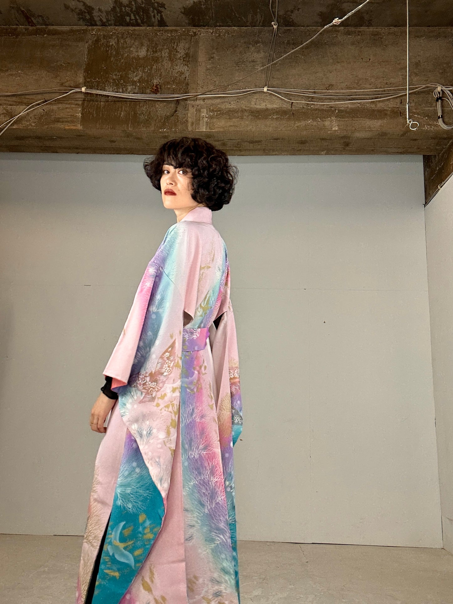 Furisode Kimono dress gown and string belt upcycled from Japanese kimono "sky gradient bird"