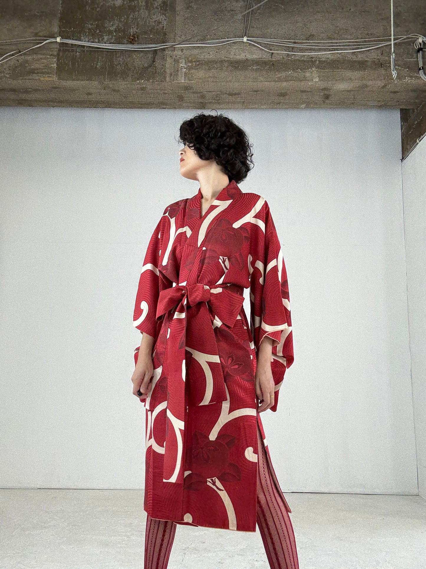 Kimono dress gown and string belt upcycled from Japanese kimono "karakusa, antique" Big Ribbon *damage