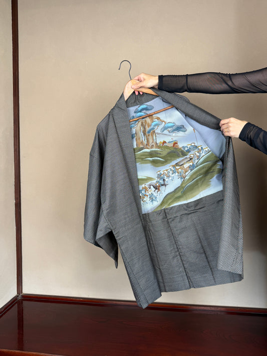 VINTAGE KAWAII HAORI oversized  "oshima, brown,matu,daimyougyouretu, 050" *damage