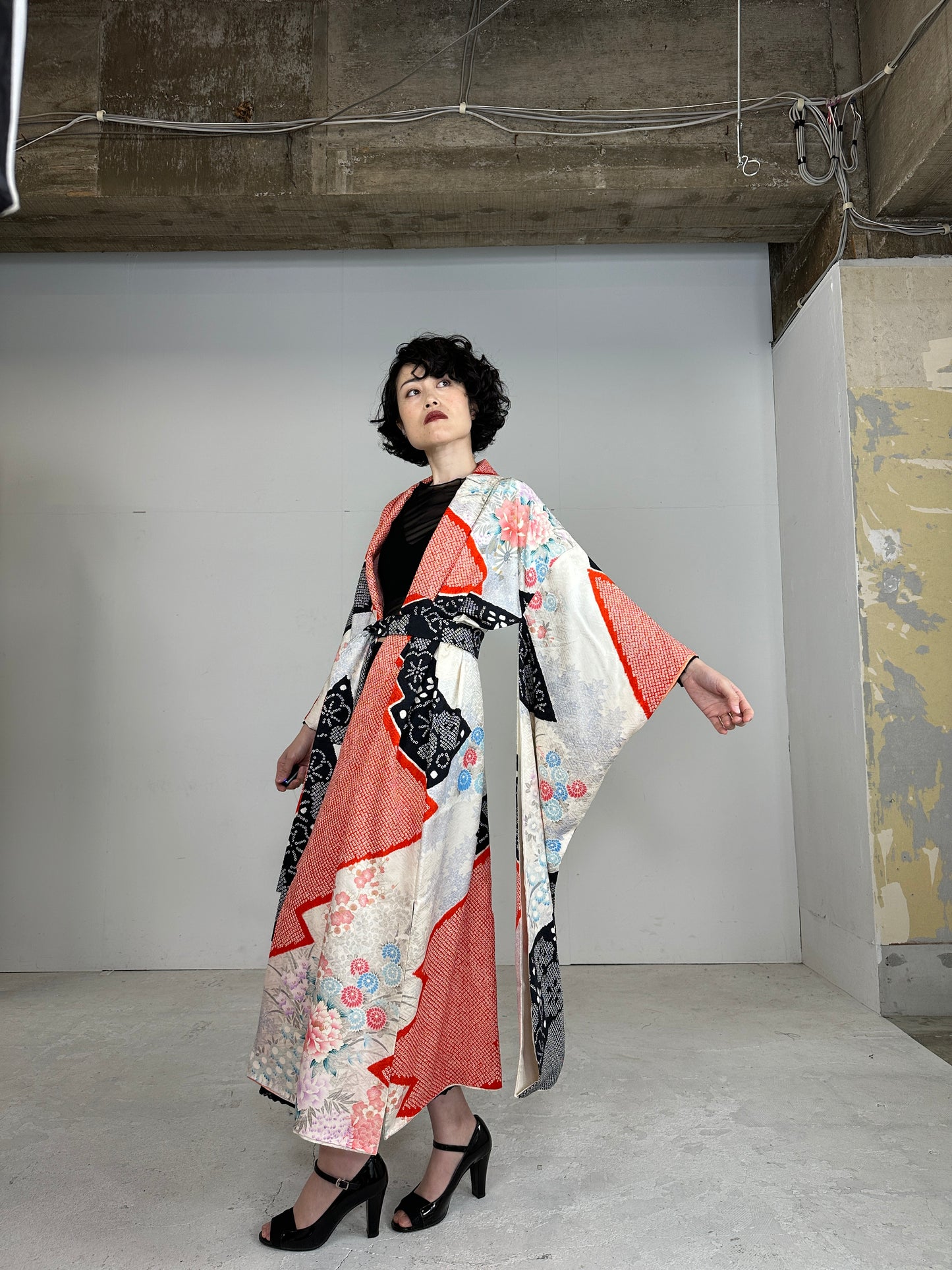 Furisode Kimono dress gown and string belt upcycled from Japanese kimono "furisode mix"