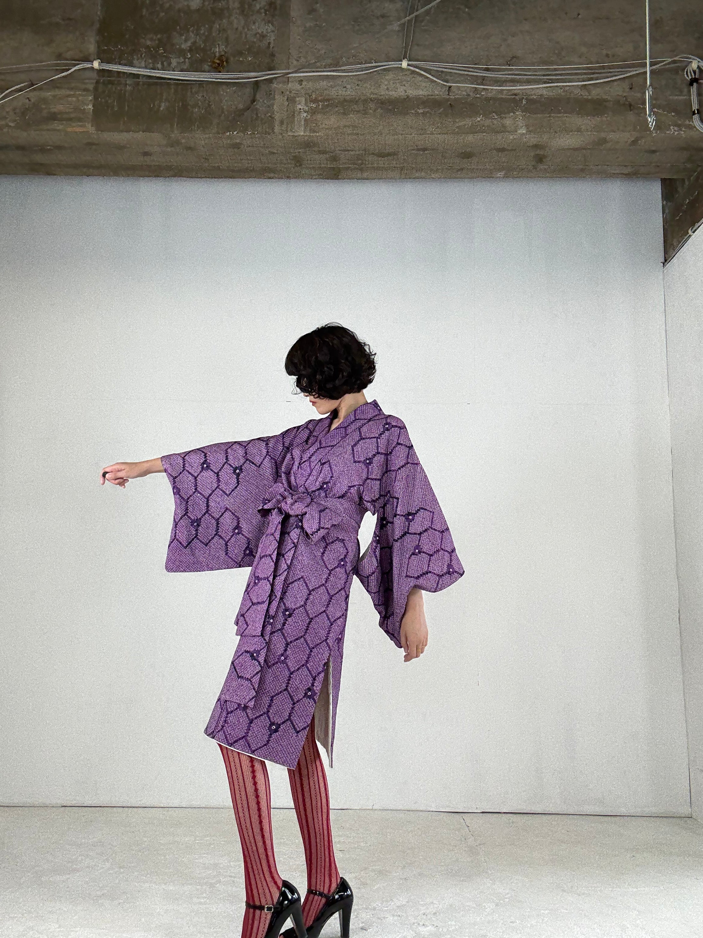 KIMONO DRESS GOWN AND STRING BELT UPCYCLED FROM JAPANESE