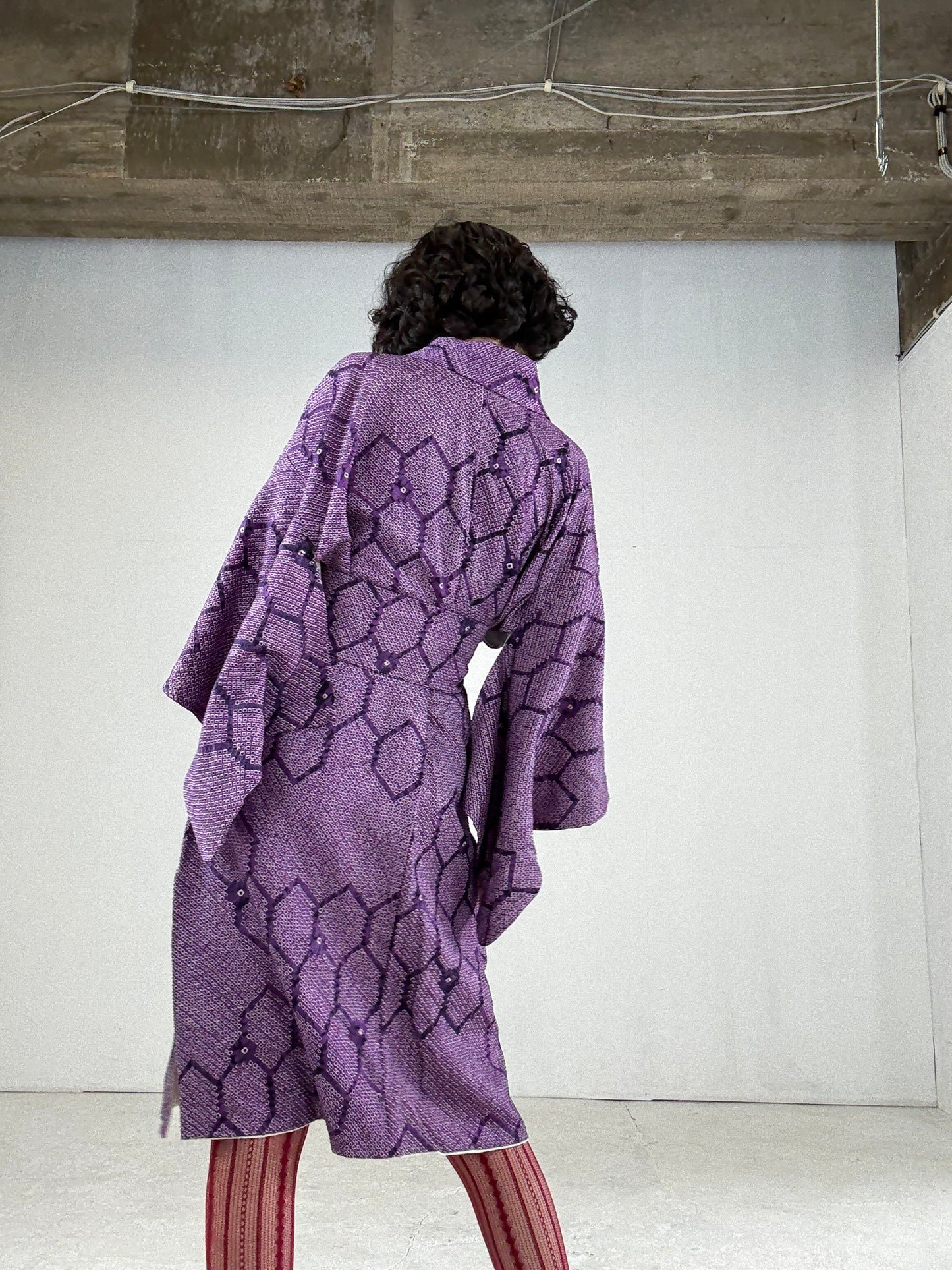 Kimono dress gown and string belt upcycled from Japanese kimono "shibori, murasaki" Big Ribbon