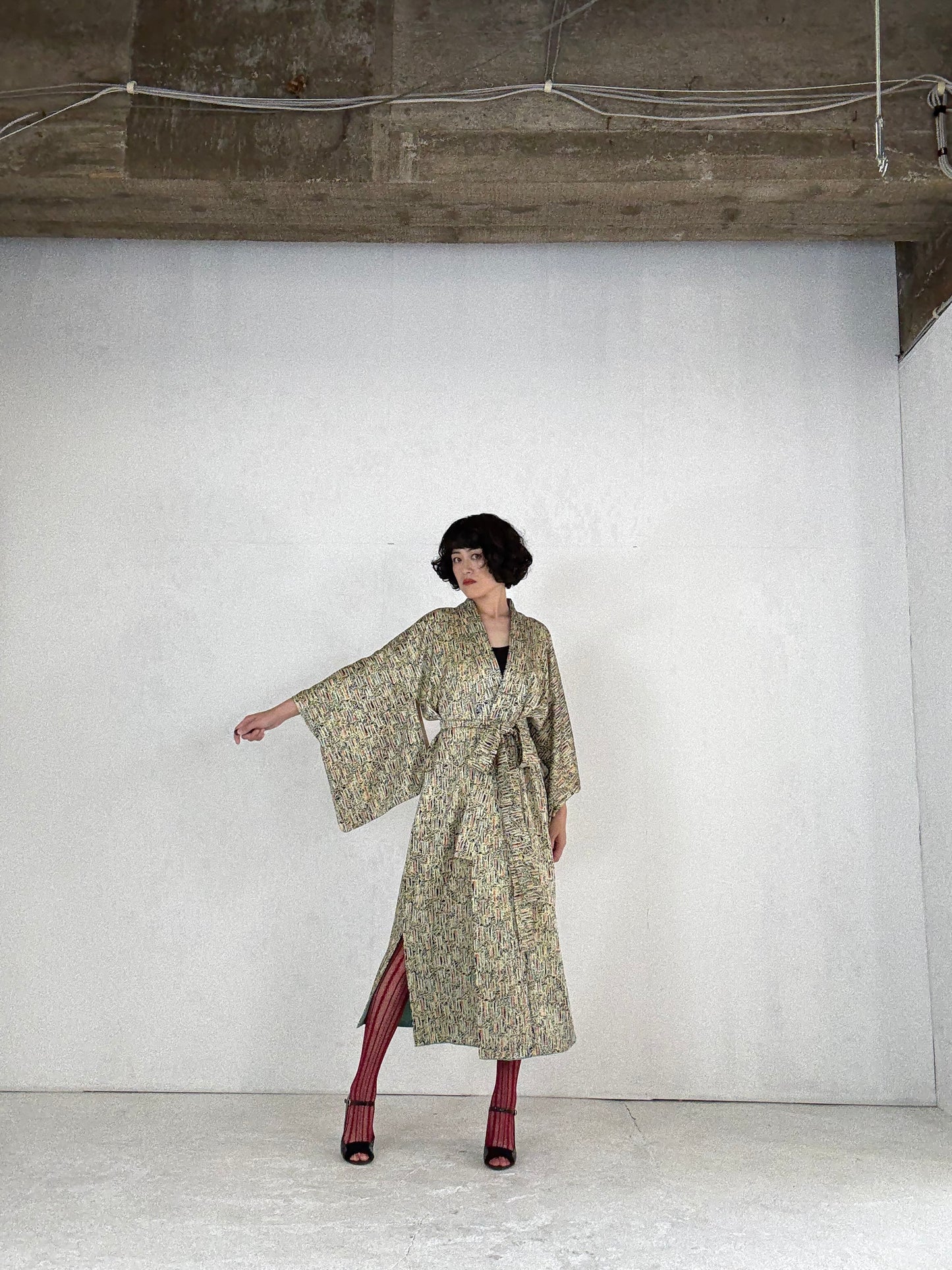 Kimono dress gown and string belt upcycled from Japanese kimono " fuji"