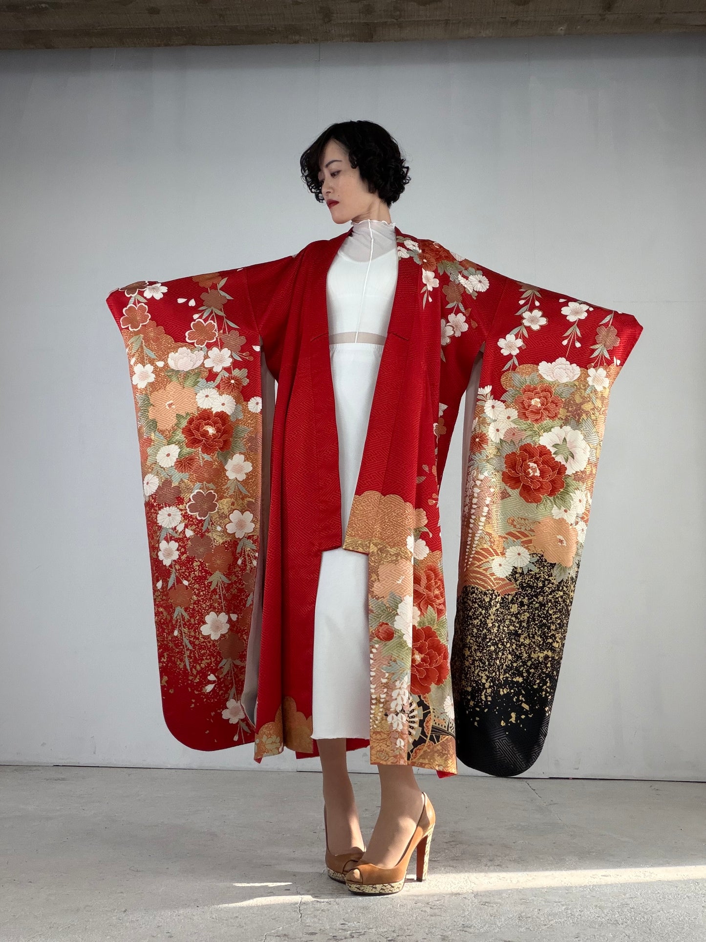 Furisode Kimono Dress Gown with String Belt – Upcycled from Vintage Japanese Kimono "red, sakura, botan, kiku, DRE019"