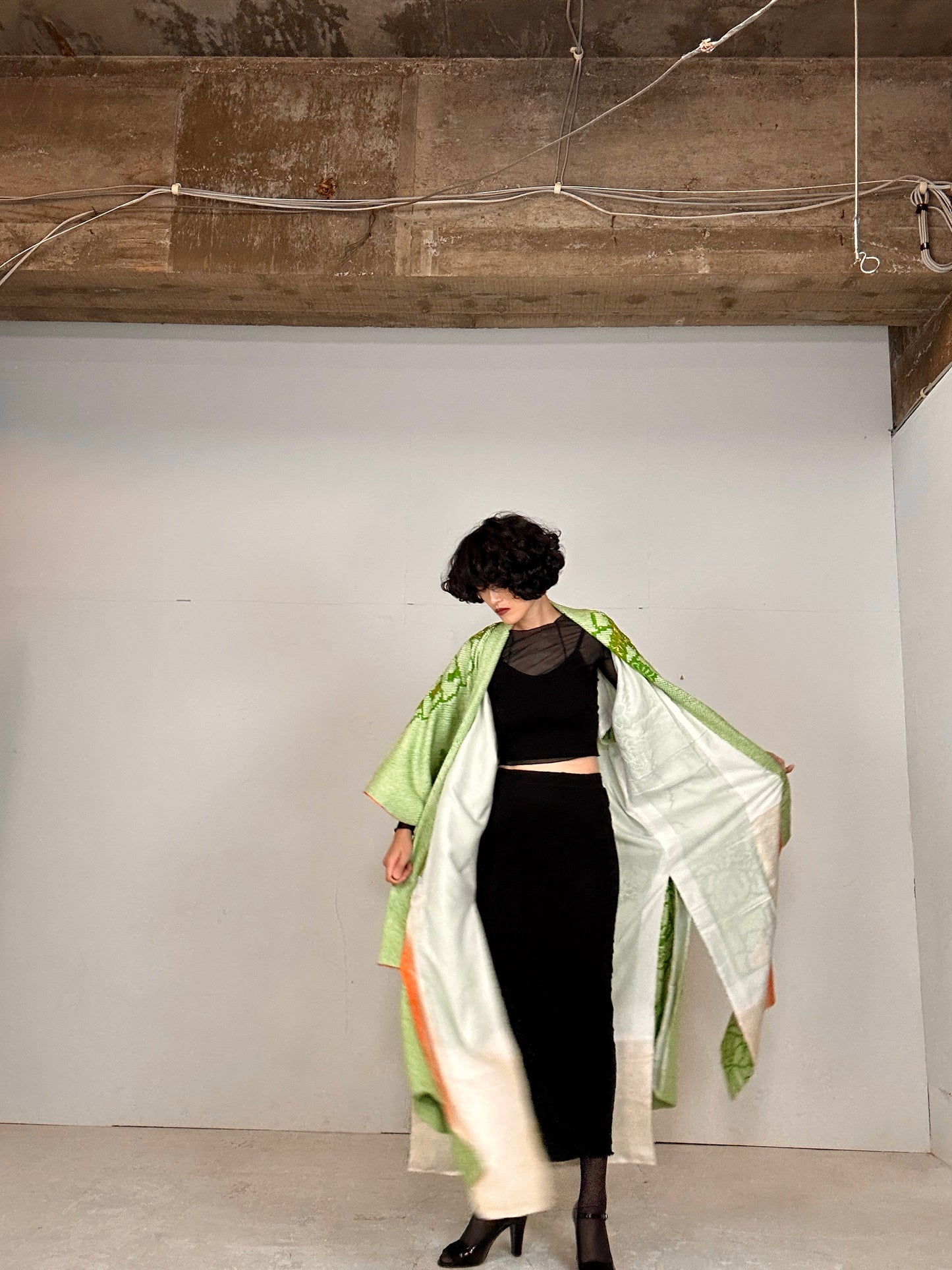 Furisode Kimono dress gown and string belt upcycled from Japanese kimono "shibori green"