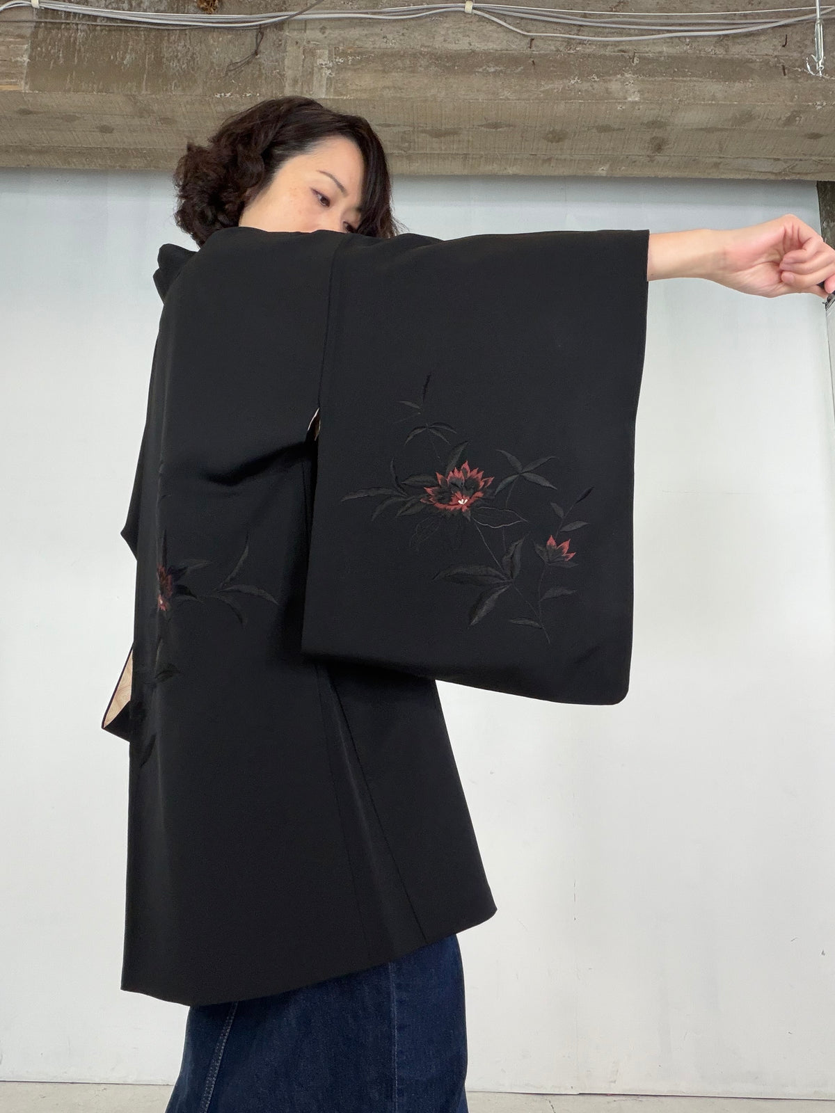 VINTAGE BLACK HAORI  "glitter, BLK205"*damage