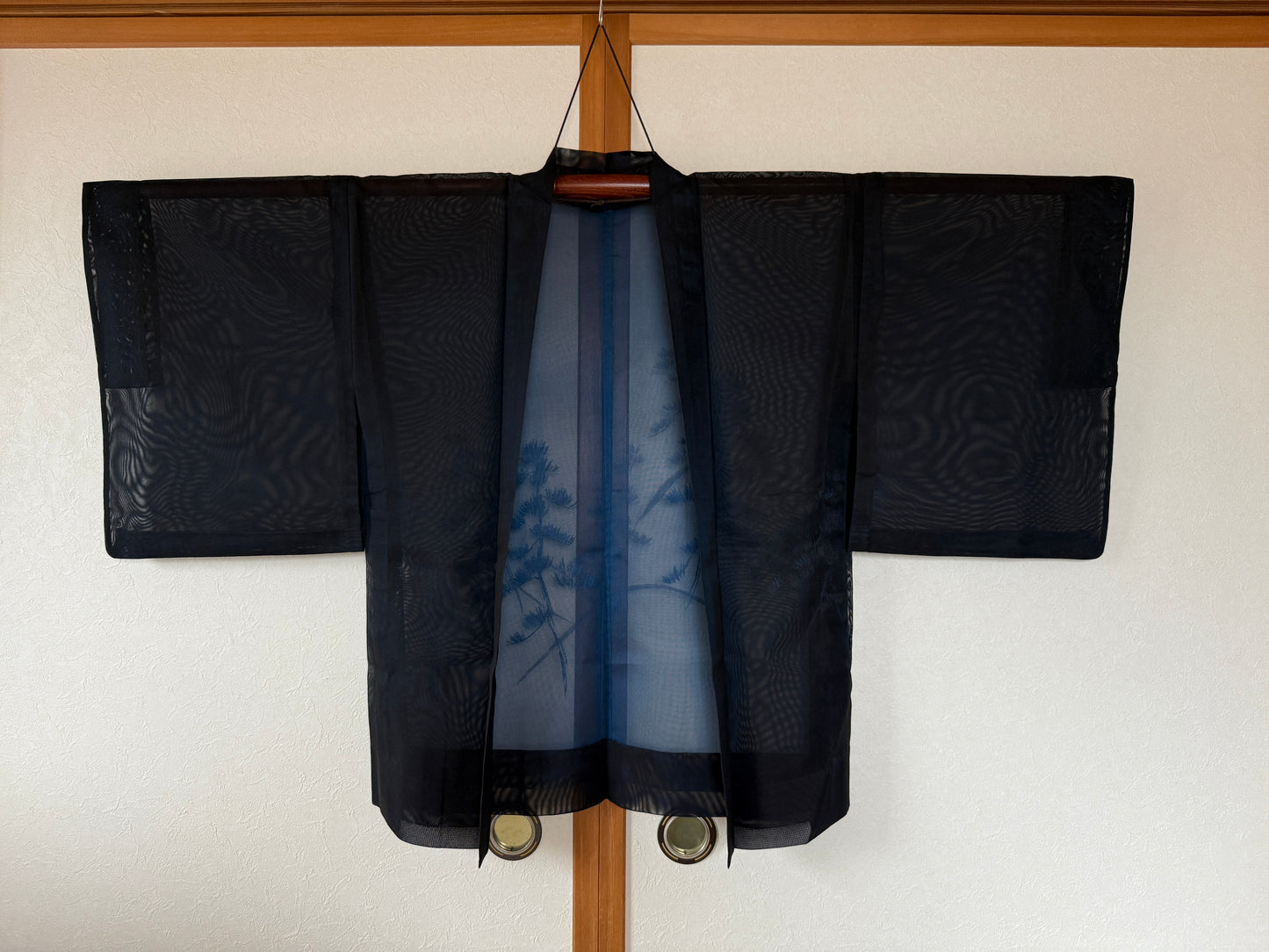 VINTAGE BLACK HAORI SHEER “blue, matsu"