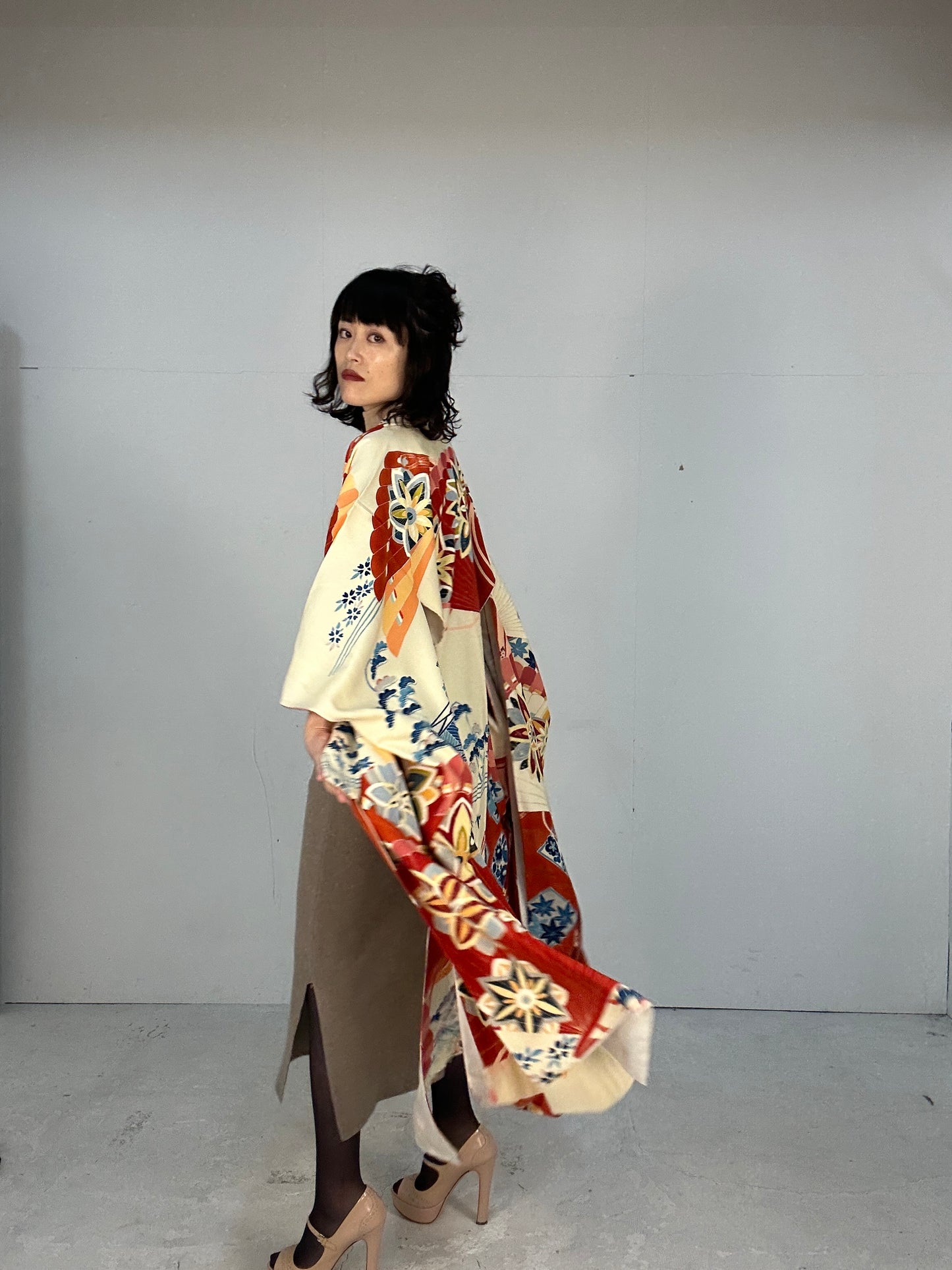 Furisode Kimono dress gown and string belt upcycled from Japanese kimono "furisode aka"