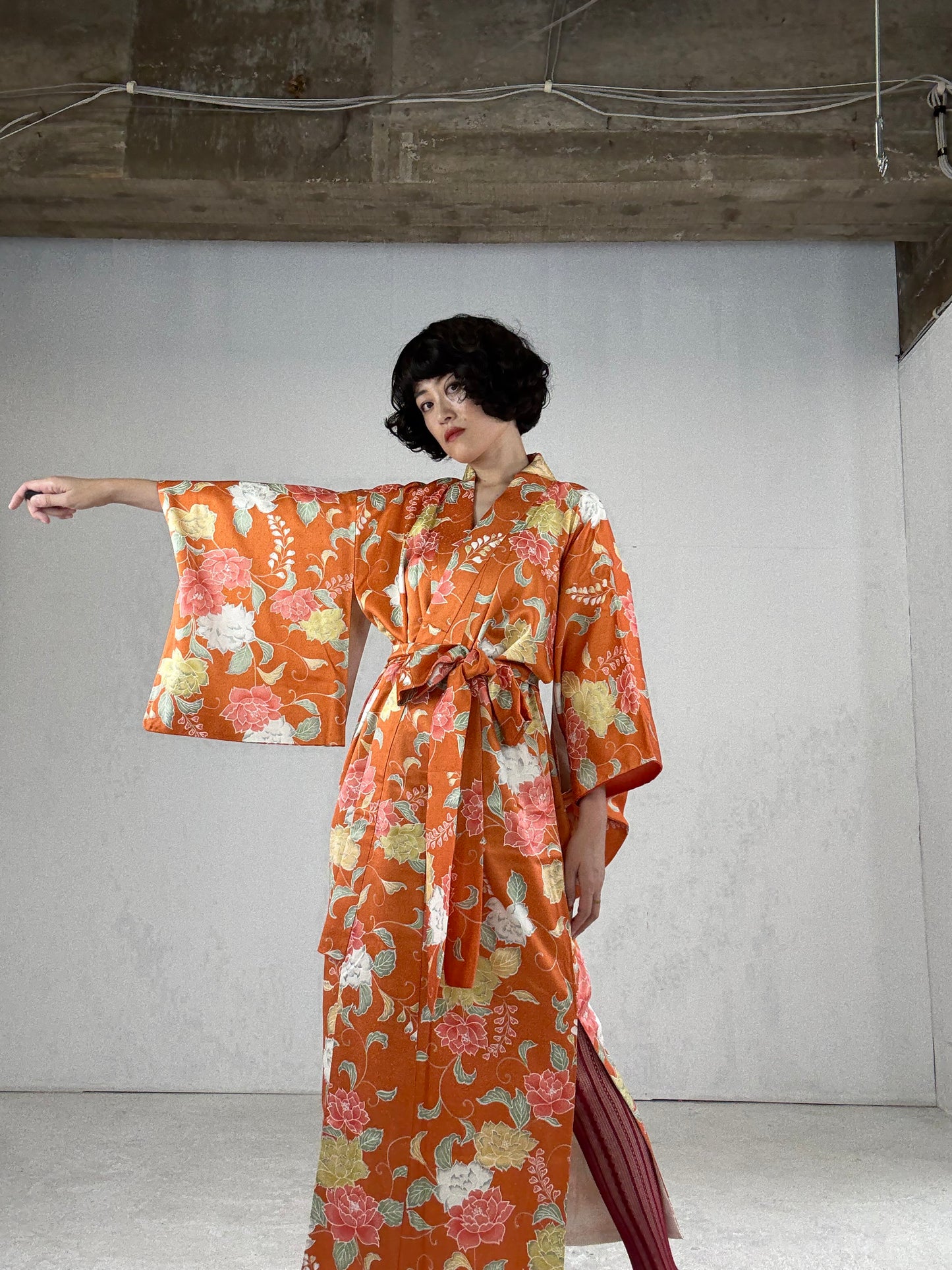 Kimono dress gown and string belt upcycled from Japanese kimono "komon youbana" *damage