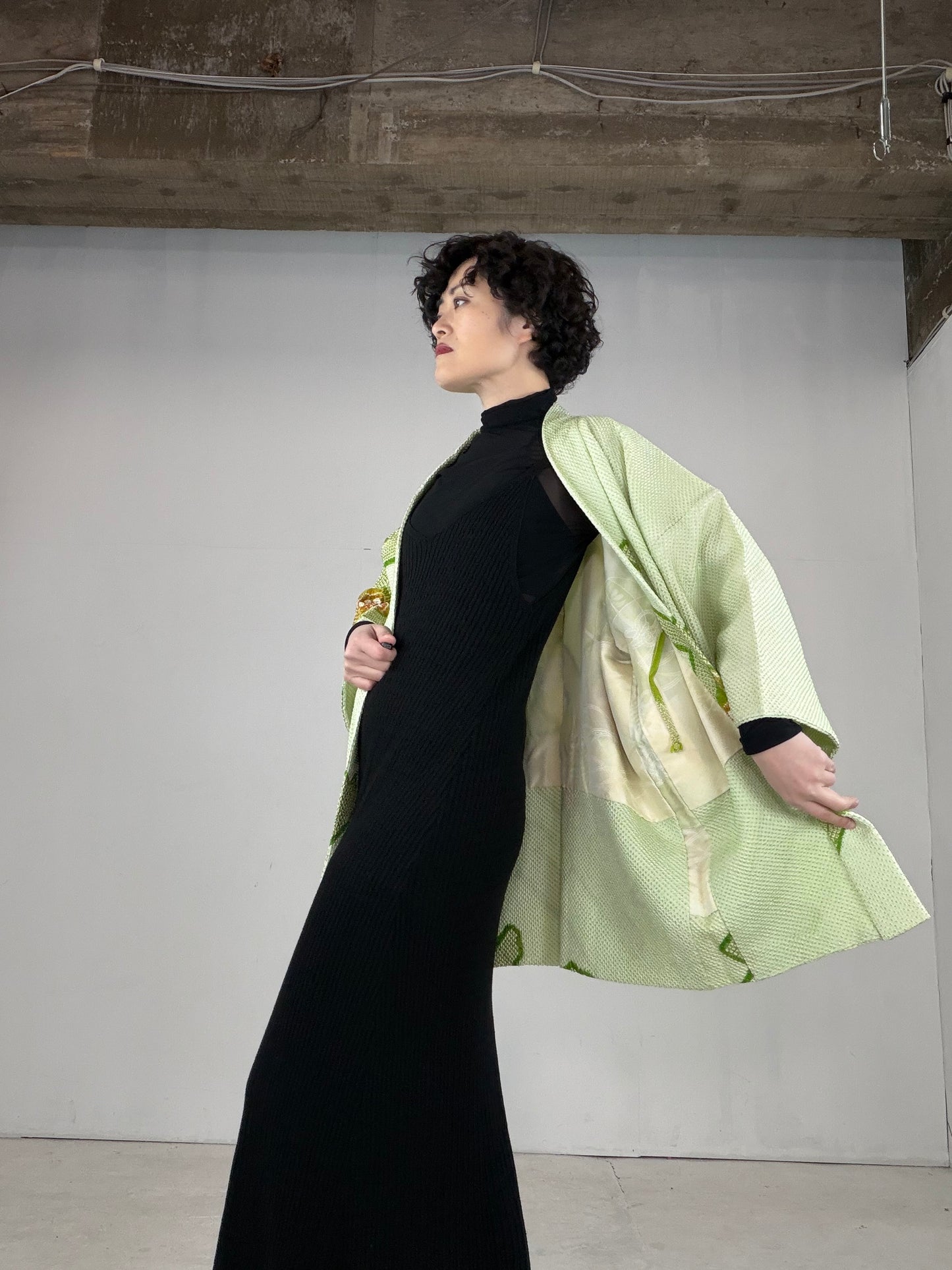 VINTAGE SHIBORI HAORI "green-butterfly, SIB195" *damage