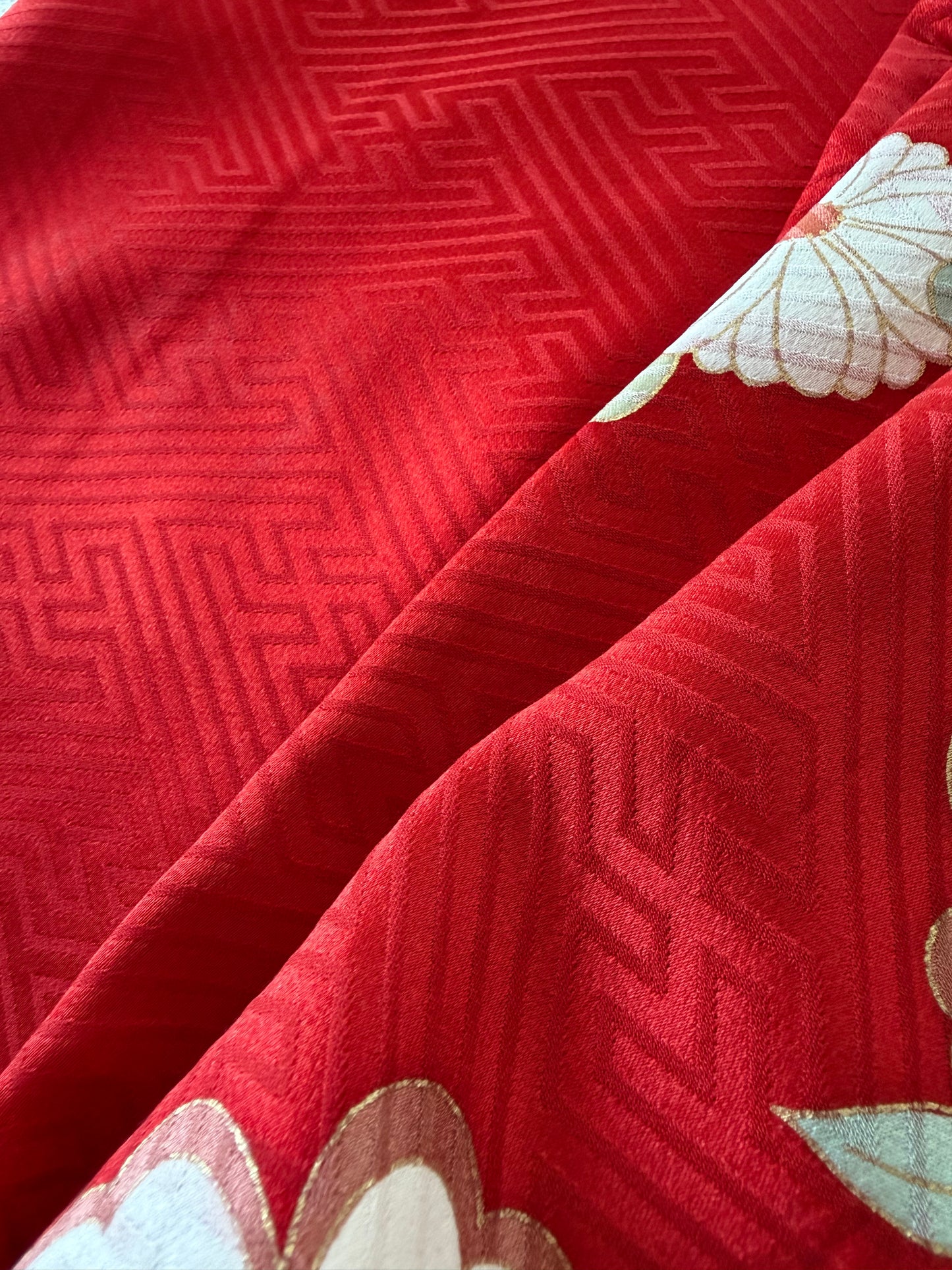 Furisode Kimono Dress Gown with String Belt – Upcycled from Vintage Japanese Kimono "red, sakura, botan, kiku, DRE019"