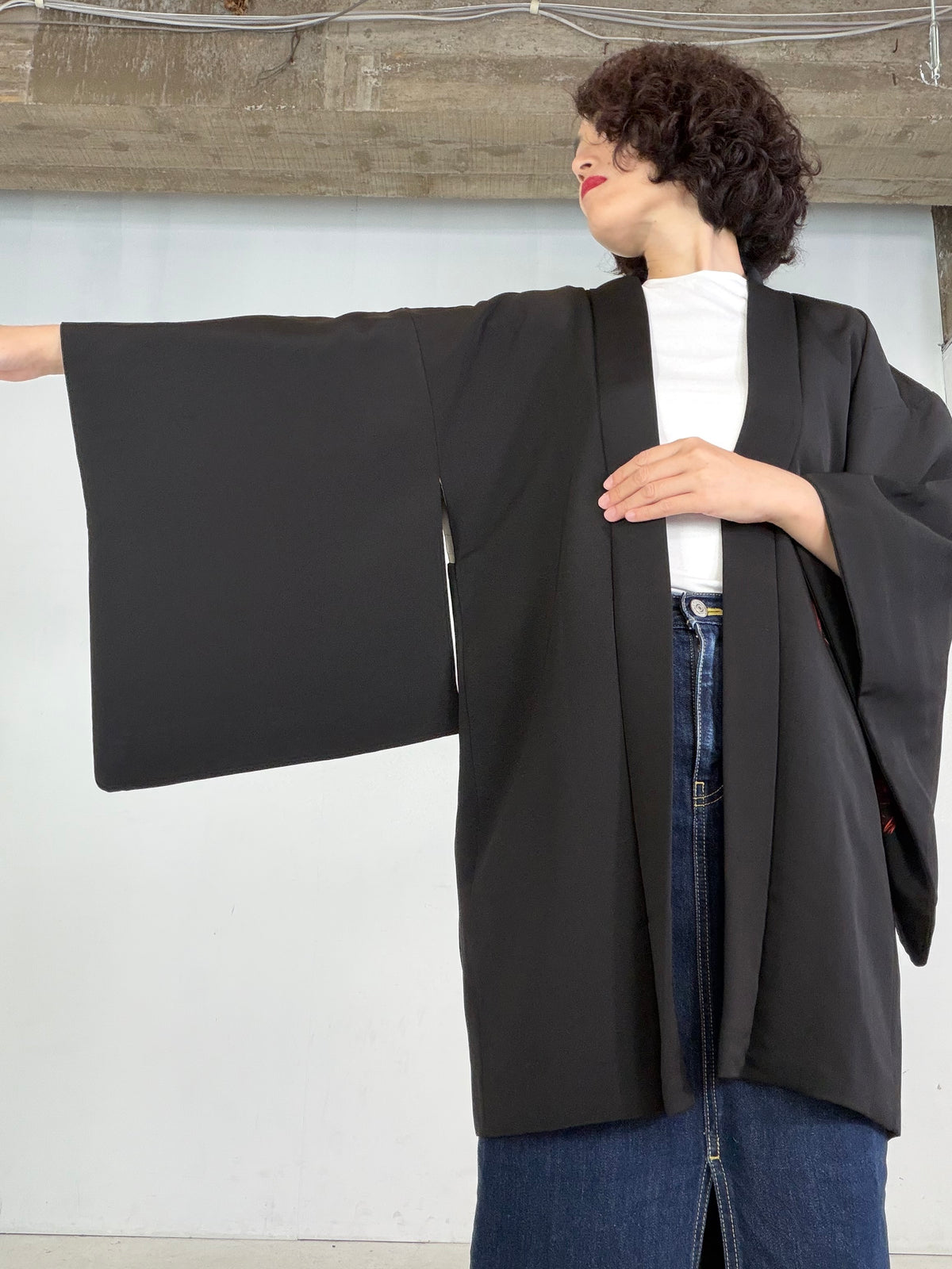 VINTAGE BLACK HAORI  "deer, rabbit, BLK206"