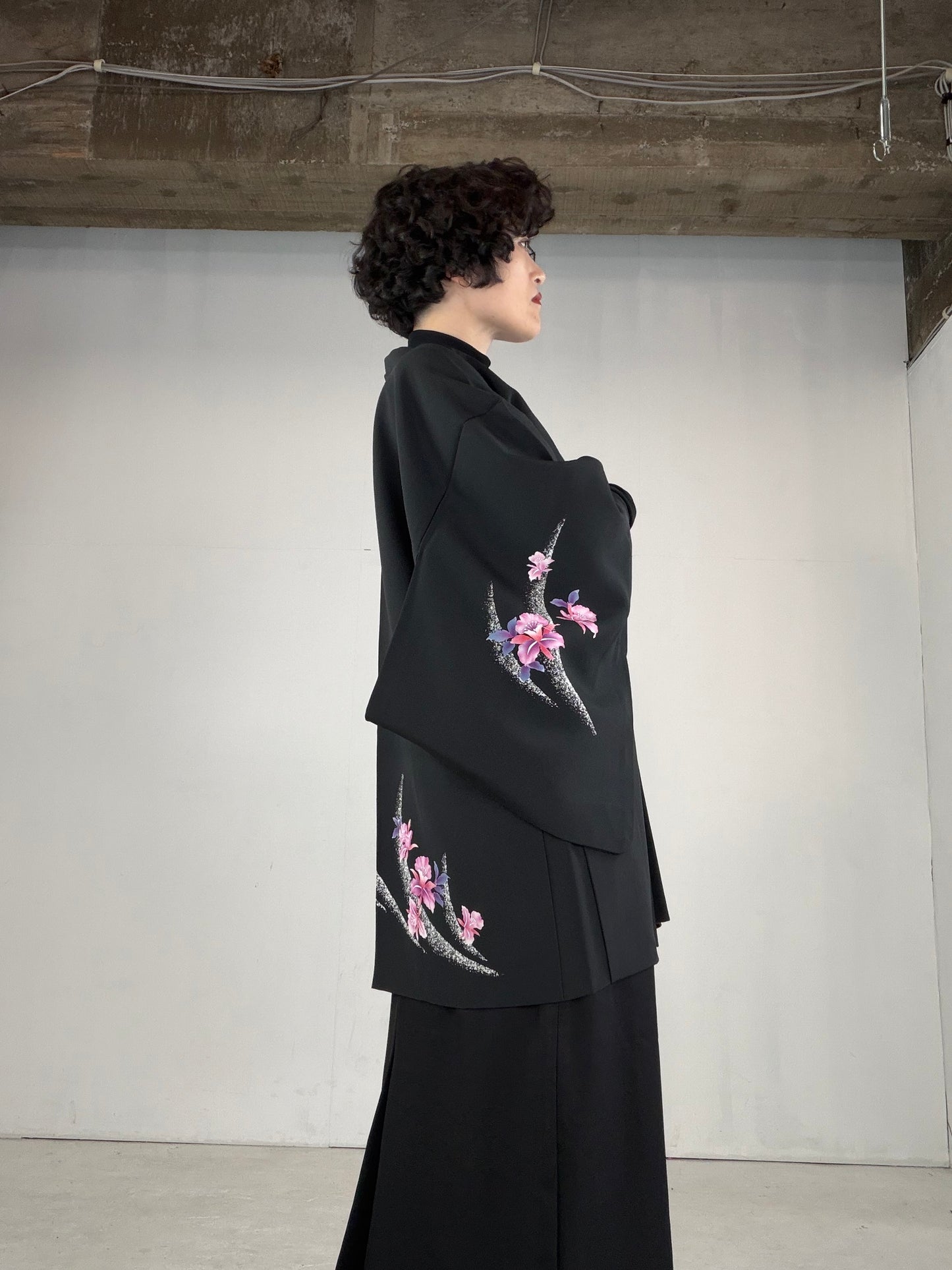 VINTAGE BLACK HAORI  "pink, flower, BLK152"