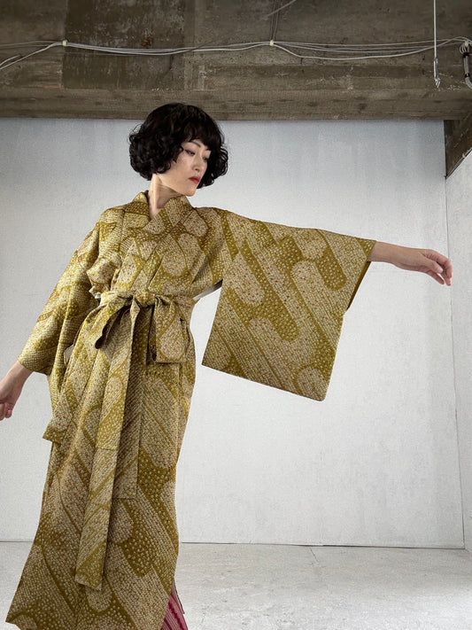 Kimono dress gown and string belt upcycled from Japanese kimono "shibori, yellow" Big Ribbon