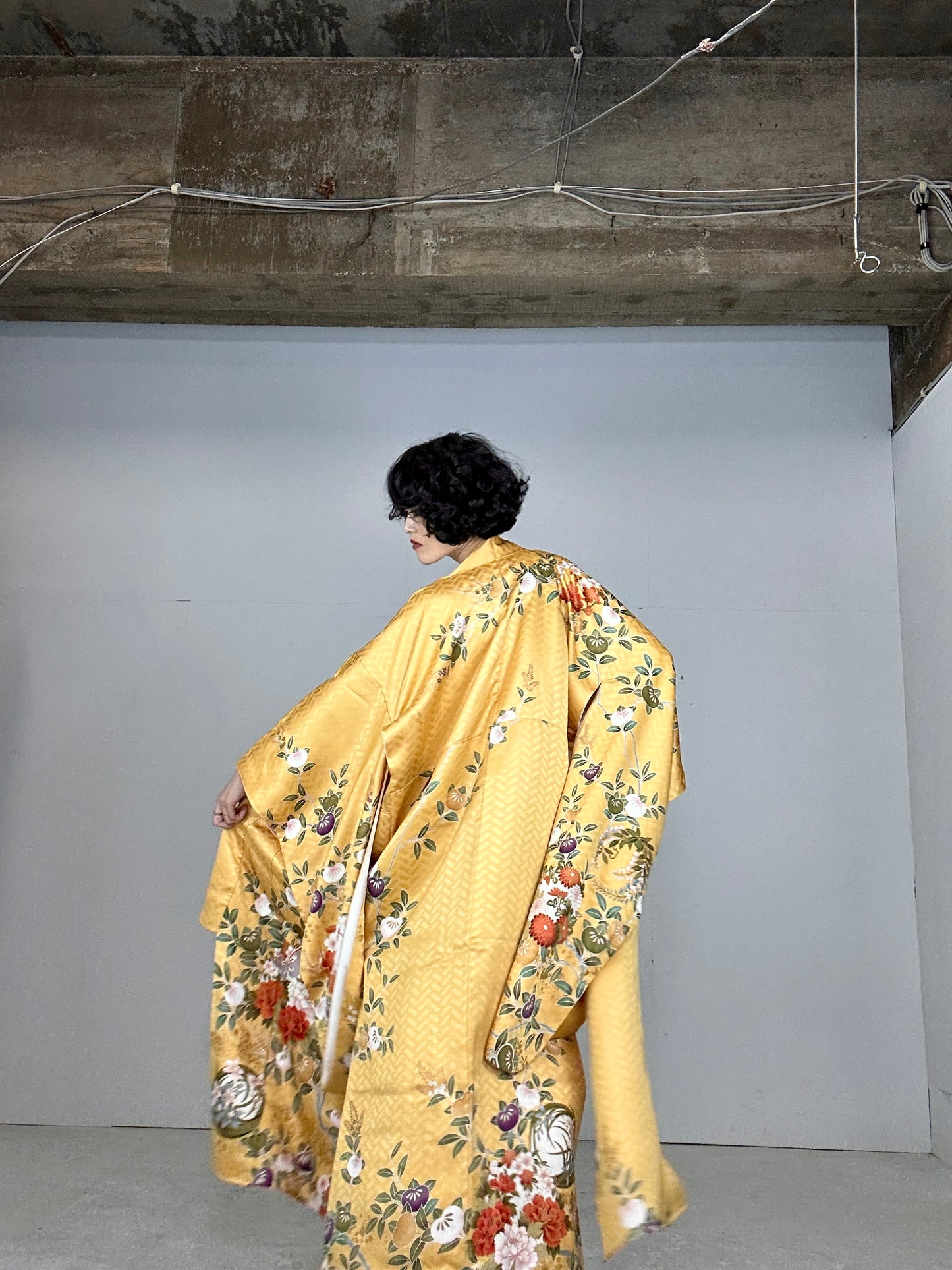 Furisode Kimono dress gown and string belt upcycled from Japanese kimono "yellow"