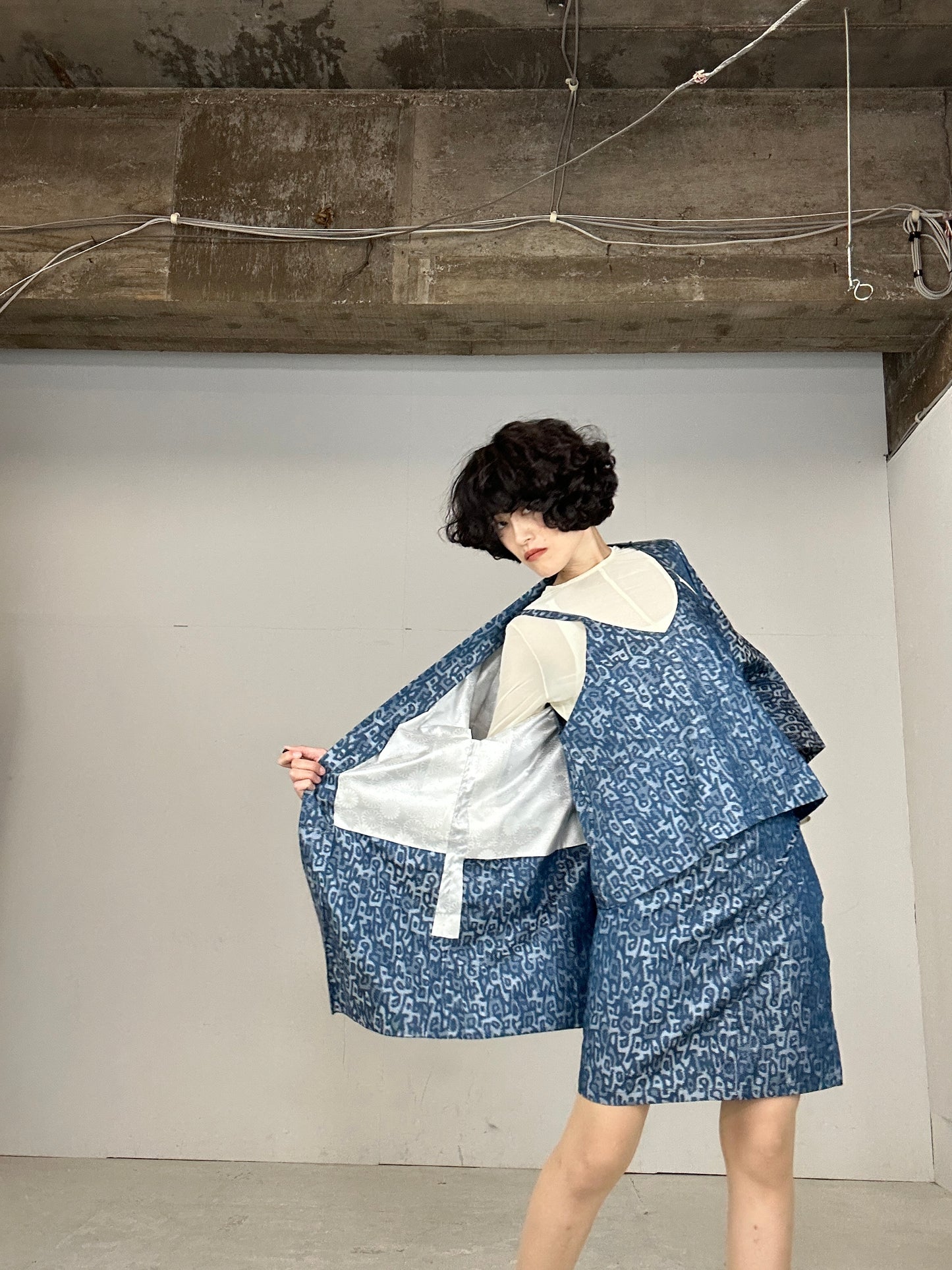 Tsumugi HAORI and KIMONO Skirt, Camisole upcycled from Japanese kimono"sarasa blue"