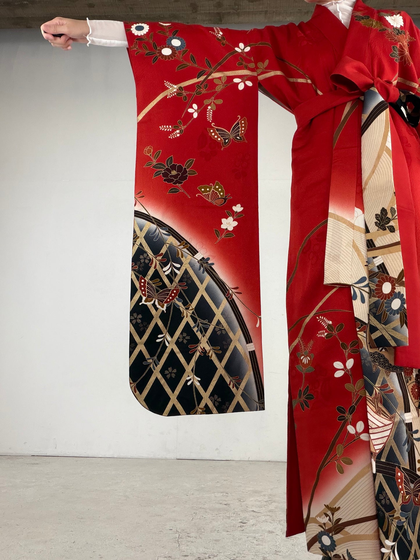 Furisode Kimono Dress Gown with String Belt – Upcycled from Vintage Japanese Kimono "red, black, gold DRE023"