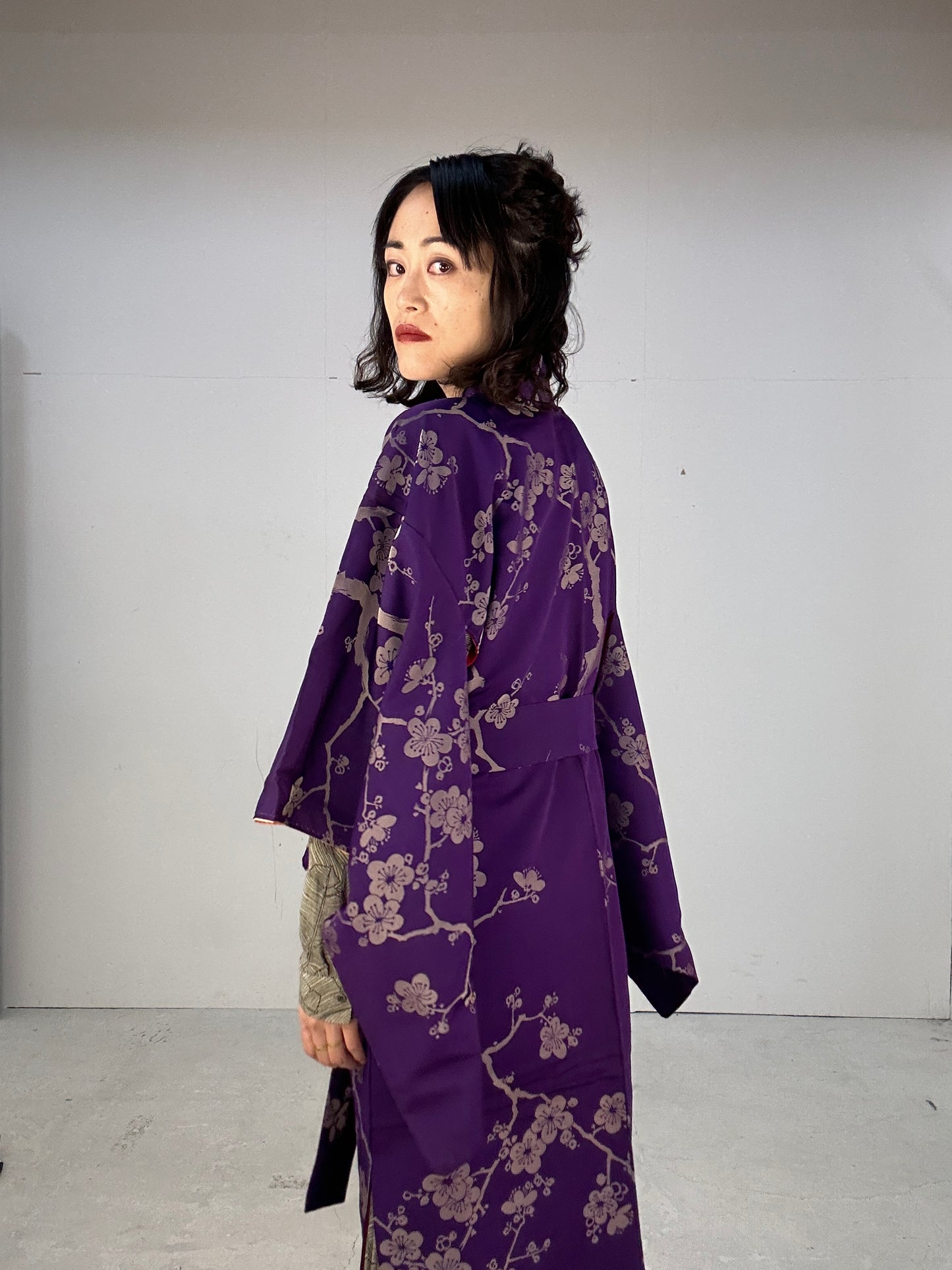 Kimono dress gown and string belt upcycled from Japanese kimono "komon ume"