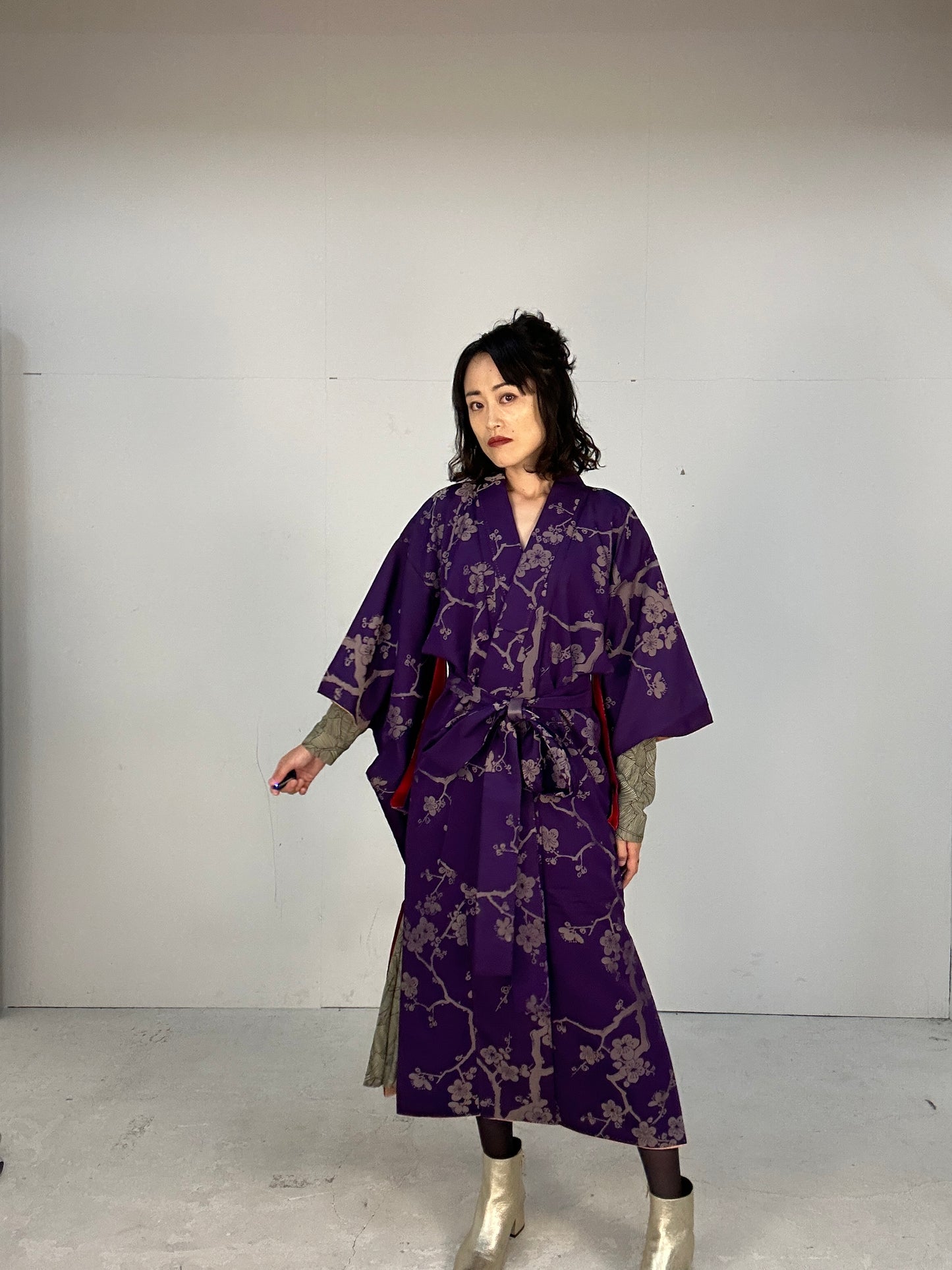 Kimono dress gown and string belt upcycled from Japanese kimono "komon ume"