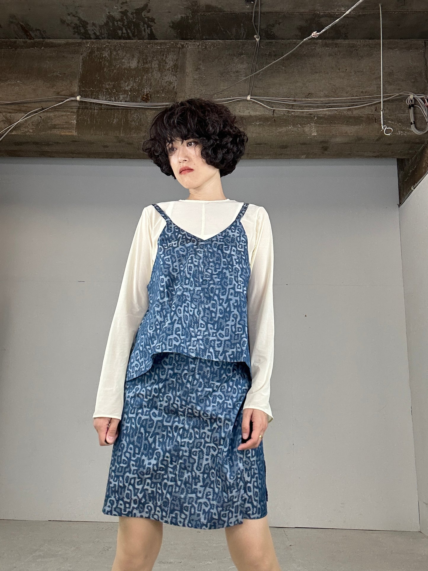 Tsumugi HAORI and KIMONO Skirt, Camisole upcycled from Japanese kimono"sarasa blue"