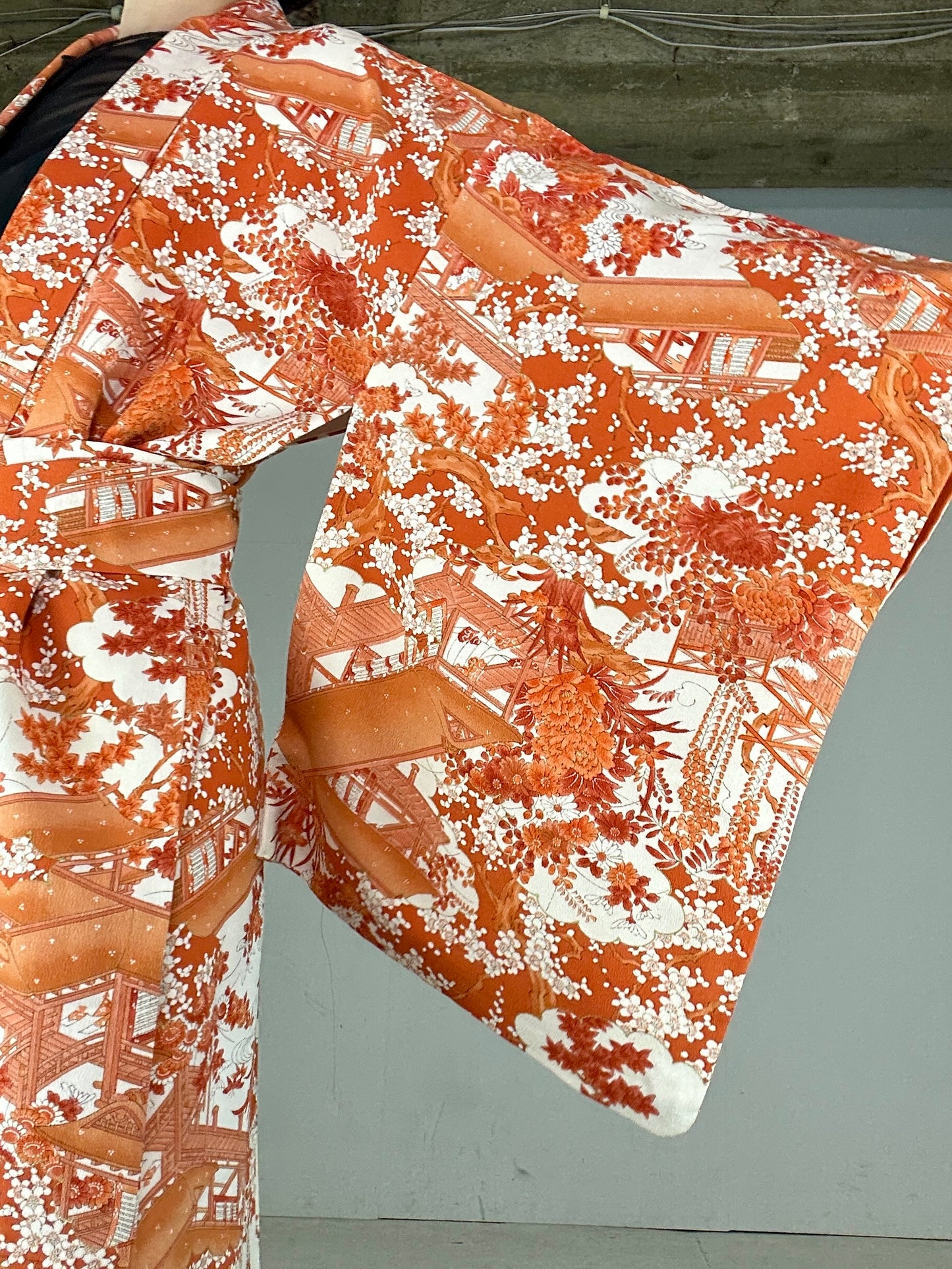 Kimono dress gown and string belt upcycled from Japanese kimono "komon orange shikikusabana"