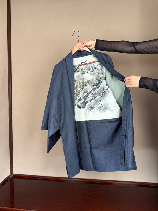 VINTAGE KAWAII HAORI oversized  "oshima, blue, matu , 058"