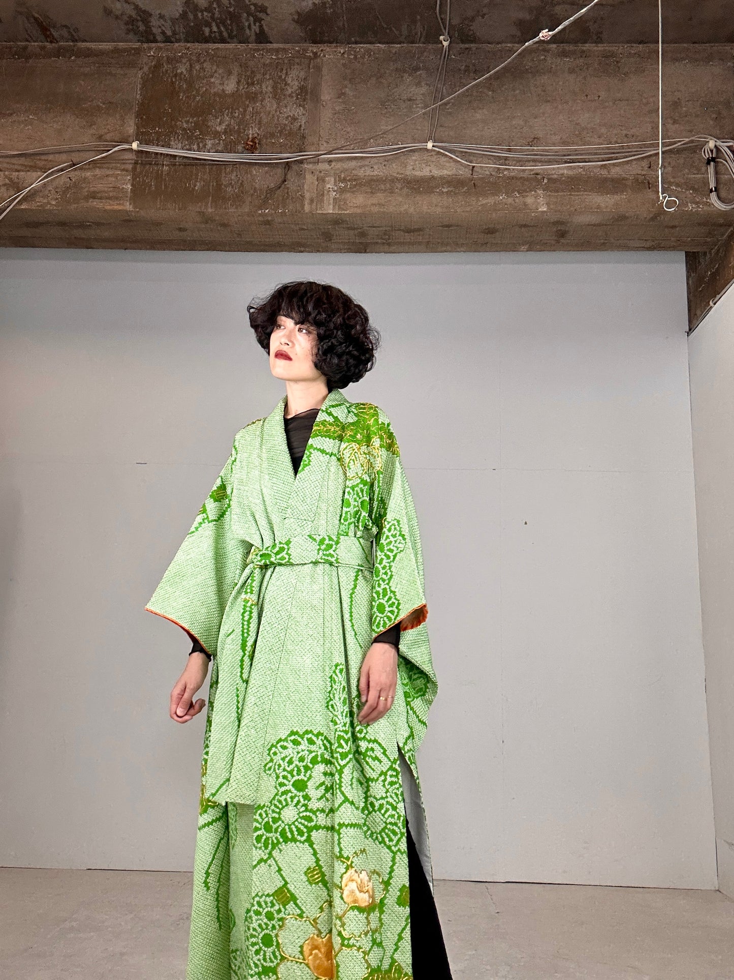 Furisode Kimono dress gown and string belt upcycled from Japanese kimono "shibori green"