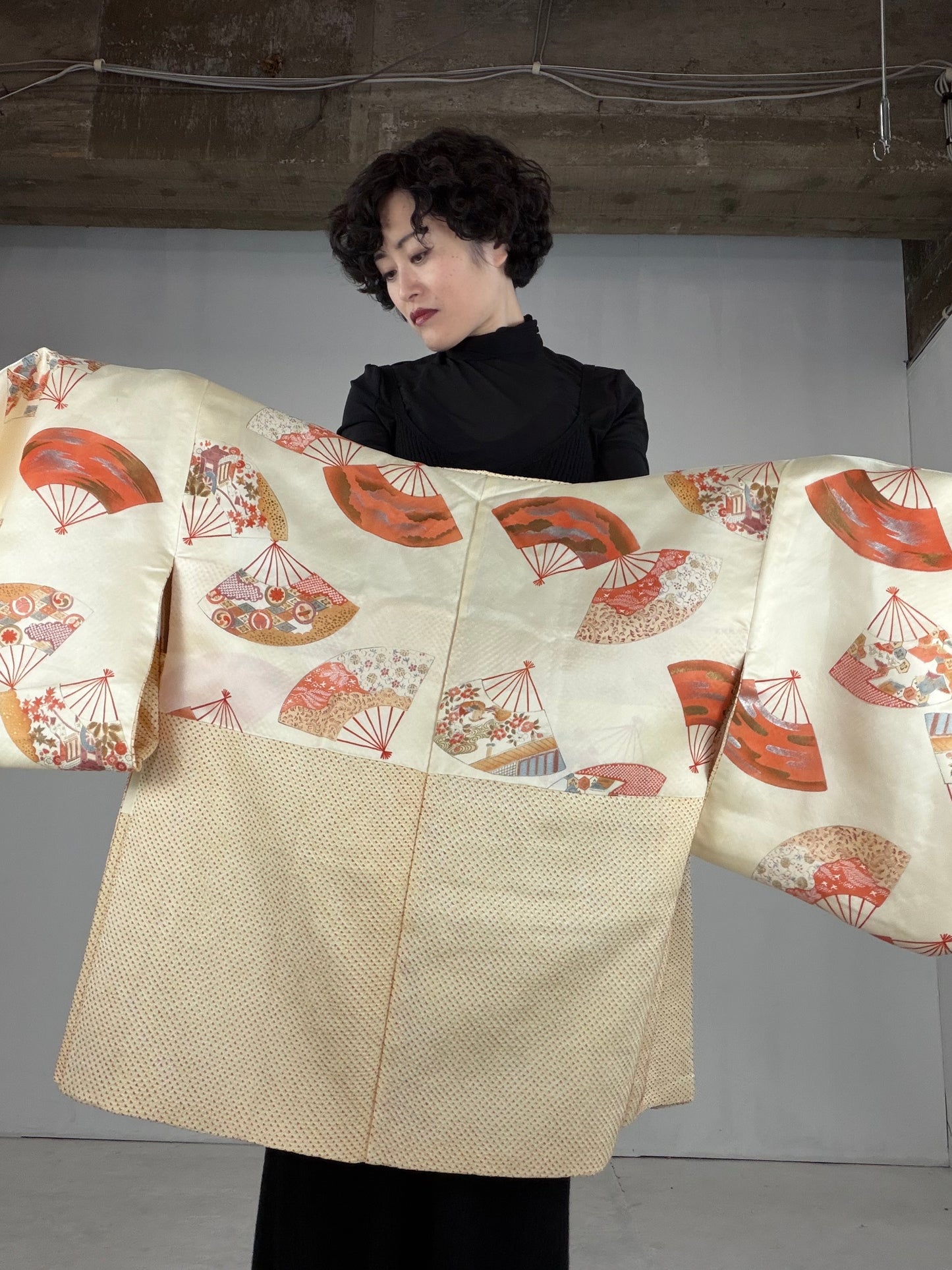 VINTAGE SHIBORI HAORI "yellow-ougi, SIB200"