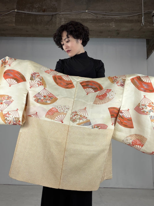 VINTAGE SHIBORI HAORI "yellow-ougi, SIB200"