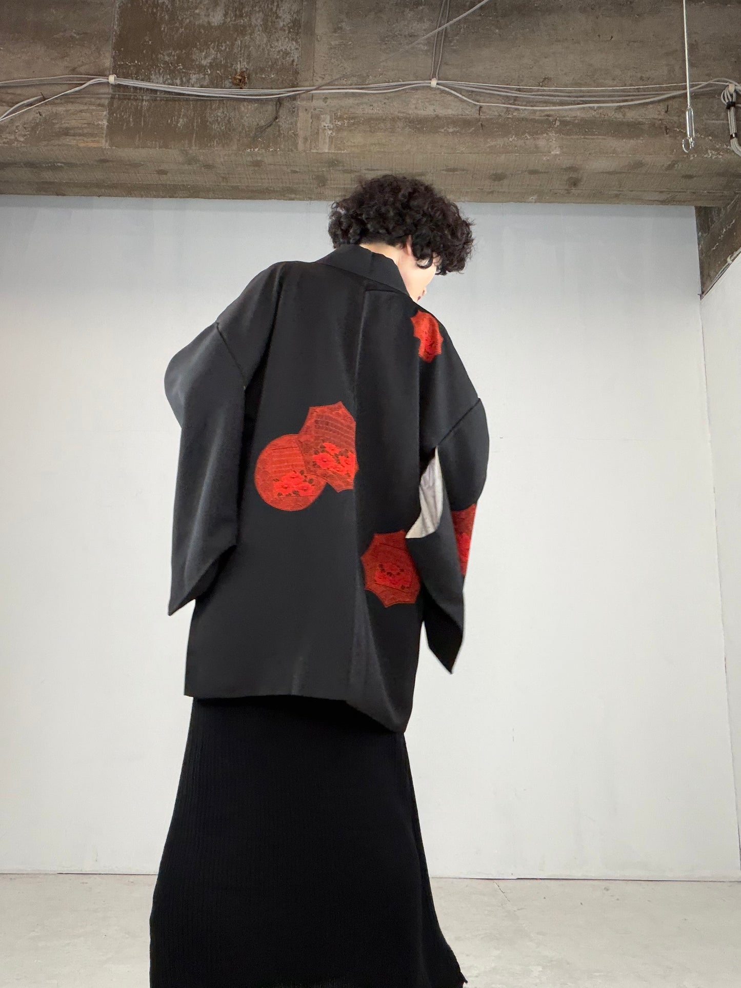 VINTAGE BLACK HAORI  "red, BLK141"