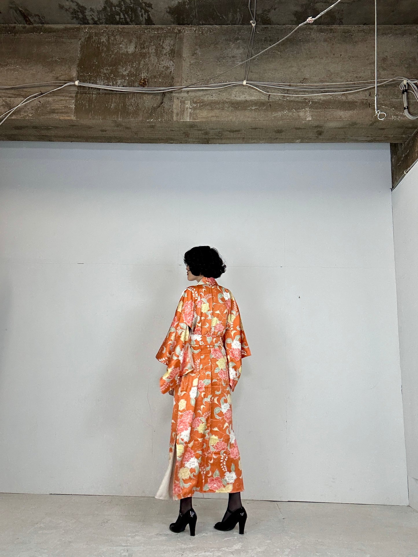 Kimono dress gown and string belt upcycled from Japanese kimono "komon youbana"