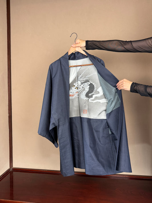 VINTAGE KAWAII HAORI oversized  "oshima, blue,   dragon 033"