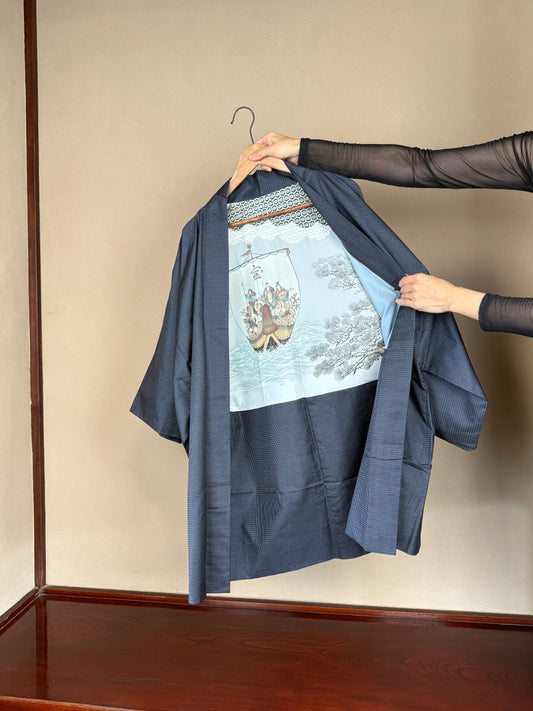 VINTAGE KAWAII HAORI oversized  "oshima, blue, nami,takarabune 026"