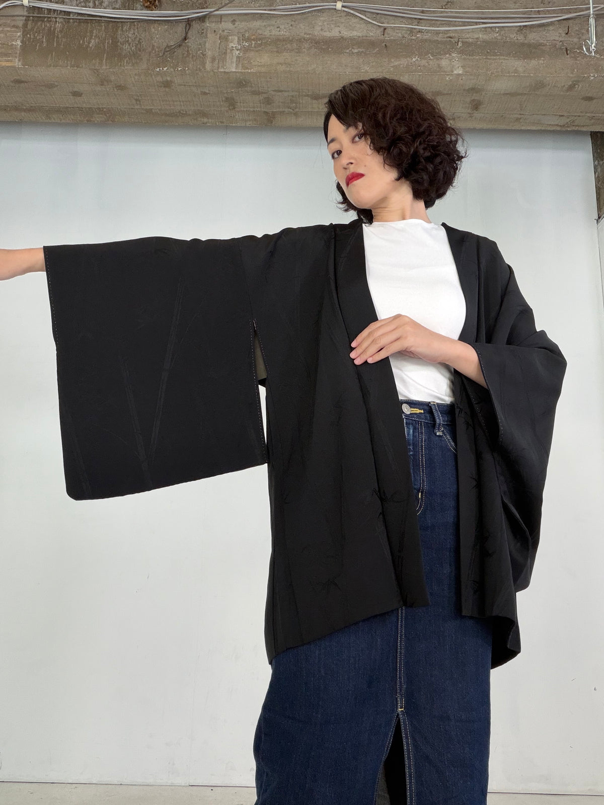 VINTAGE BLACK HAORI  "bamboo - BLK212"