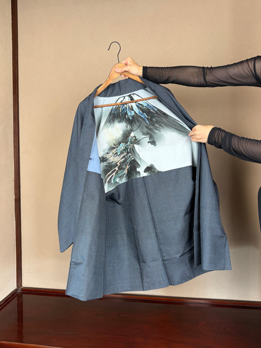 VINTAGE KAWAII HAORI oversized  "oshima, blue,dragon,fuji,028" *damage