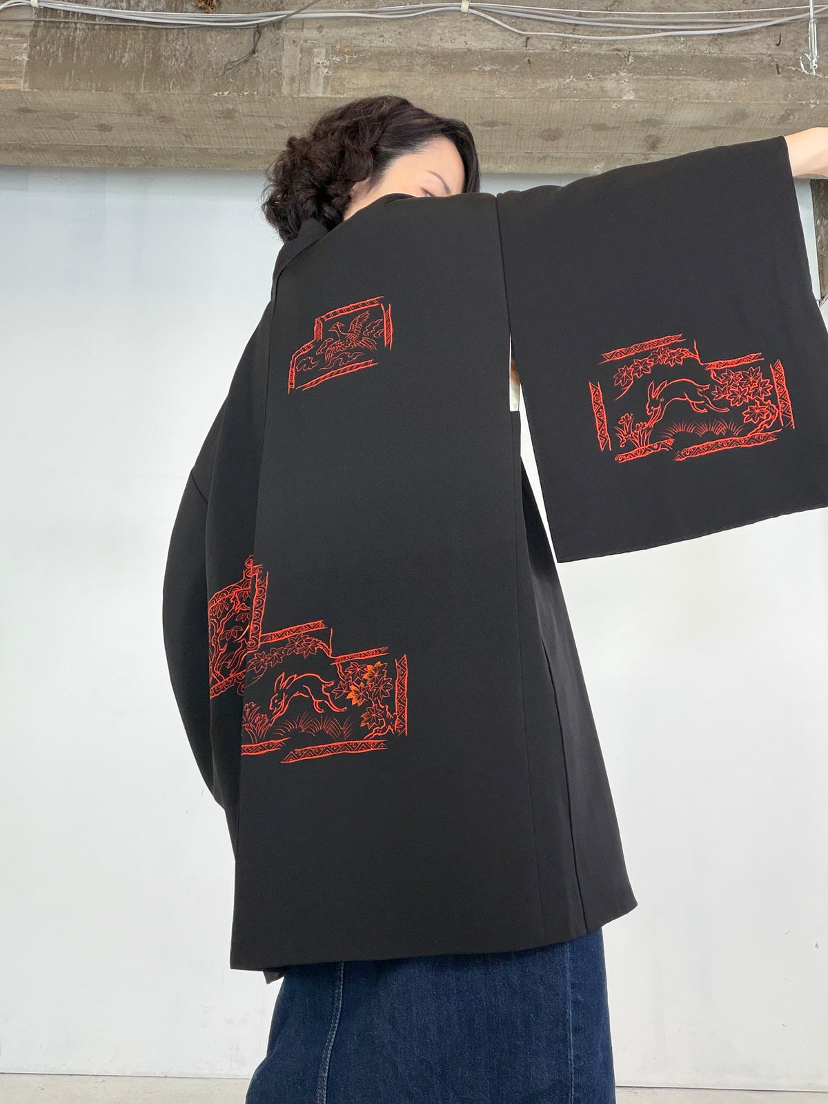 VINTAGE BLACK HAORI  "deer, rabbit, BLK206"