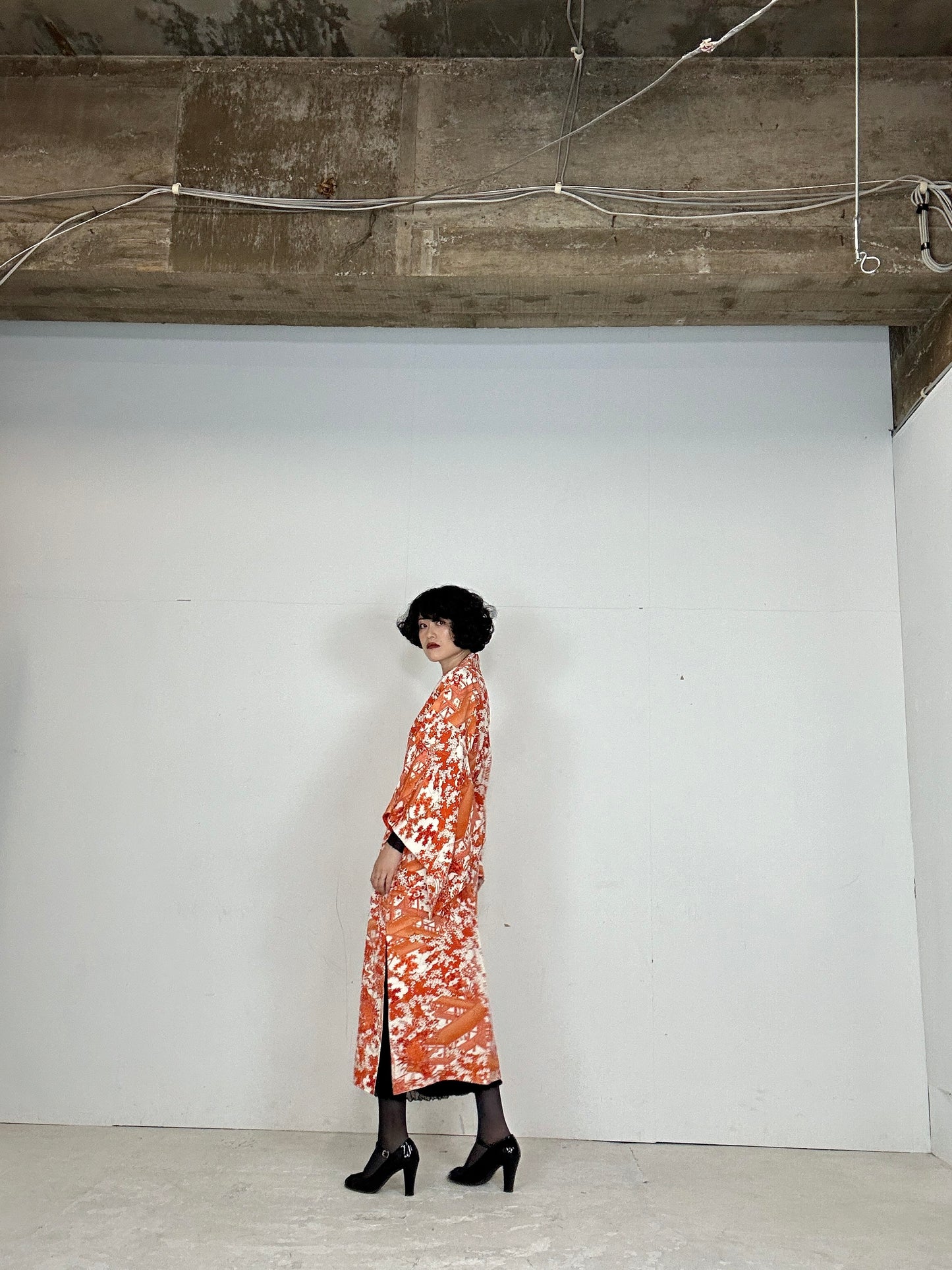 Kimono dress gown and string belt upcycled from Japanese kimono "komon orange shikikusabana"