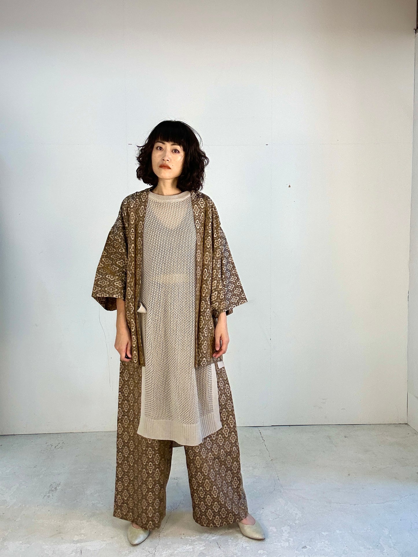 07gold Tsumugi HAORI and KIMONO elastic waist pants upcycled from Japanese kimono(Unisex)