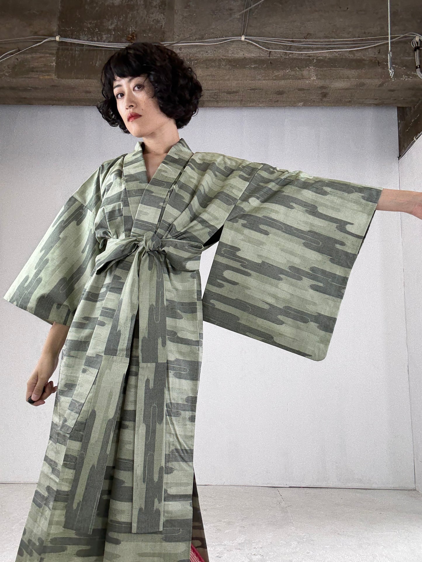 Kimono dress gown and string belt upcycled from Japanese kimono "tsumugi cloud pattern" :damage