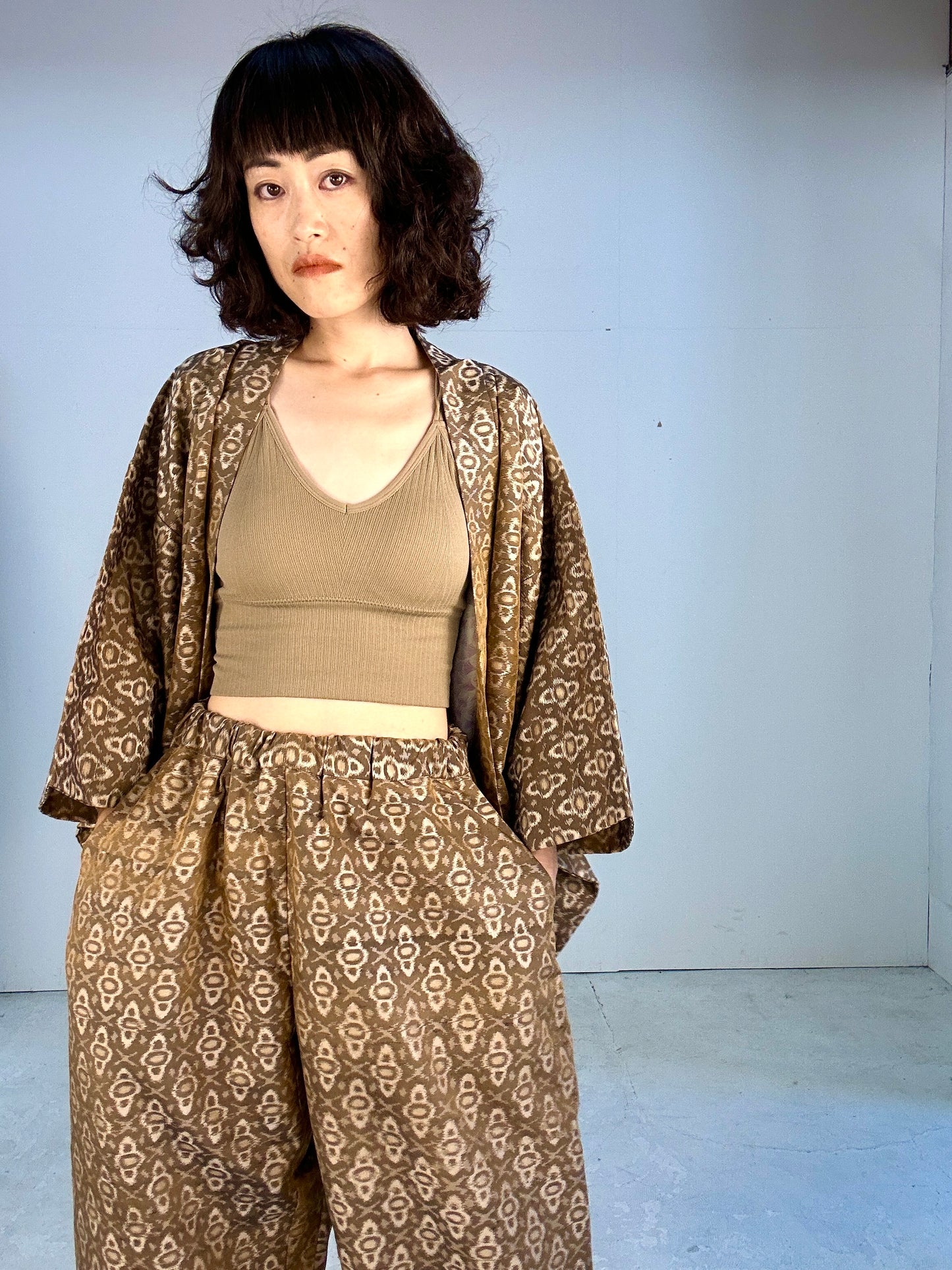 07gold Tsumugi HAORI and KIMONO elastic waist pants upcycled from Japanese kimono(Unisex)